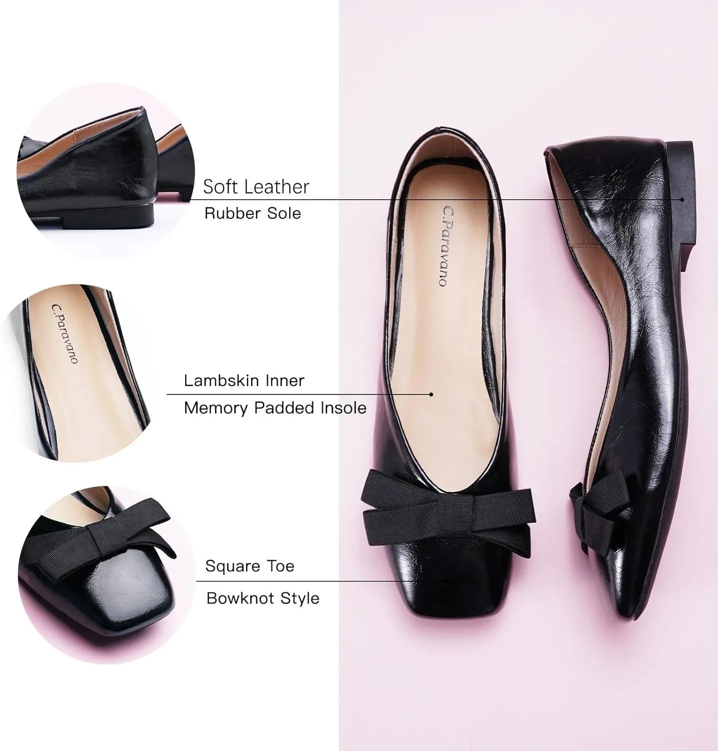 C.Paravano Women's Flats with Bowknot, Comfortable Square Toe Ballet Flats, Casual Slip On Shoes Flat, Women Dress Shoes for Walking Wedding Work Office