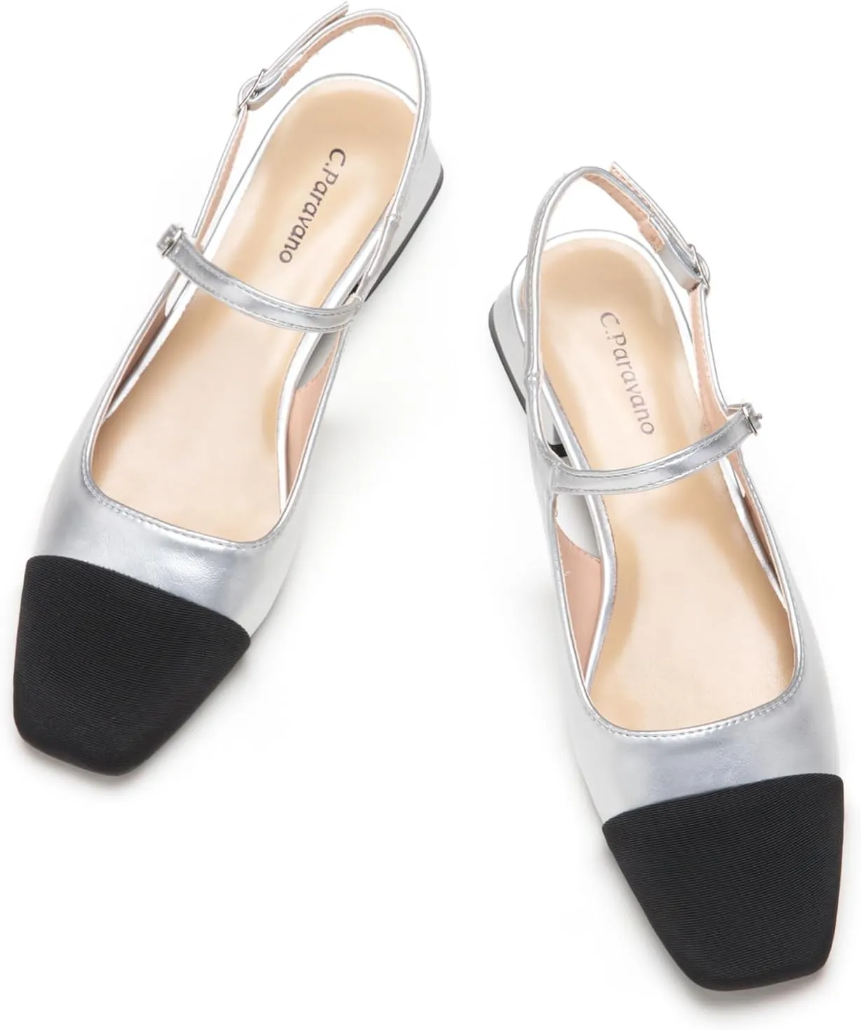 C.Paravano Women's Slingback | Square Toe Slingback Flats | Ankle Strap Flats Sandals | Slip on Casual Flats Shoes | Leather Dress Shoes for Wedding