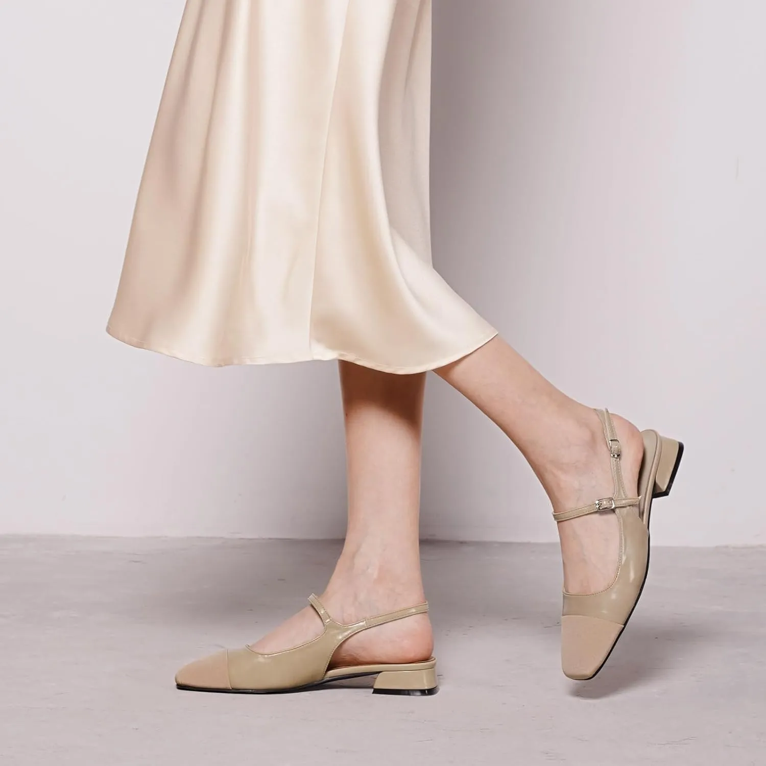 C.Paravano Women's Slingback | Square Toe Slingback Flats | Ankle Strap Flats Sandals | Slip on Casual Flats Shoes | Leather Dress Shoes for Wedding