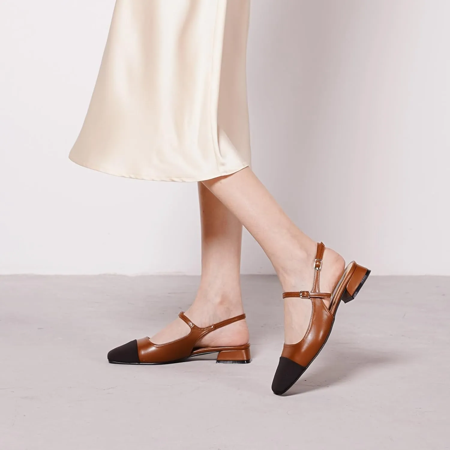 C.Paravano Women's Slingback | Square Toe Slingback Flats | Ankle Strap Flats Sandals | Slip on Casual Flats Shoes | Leather Dress Shoes for Wedding