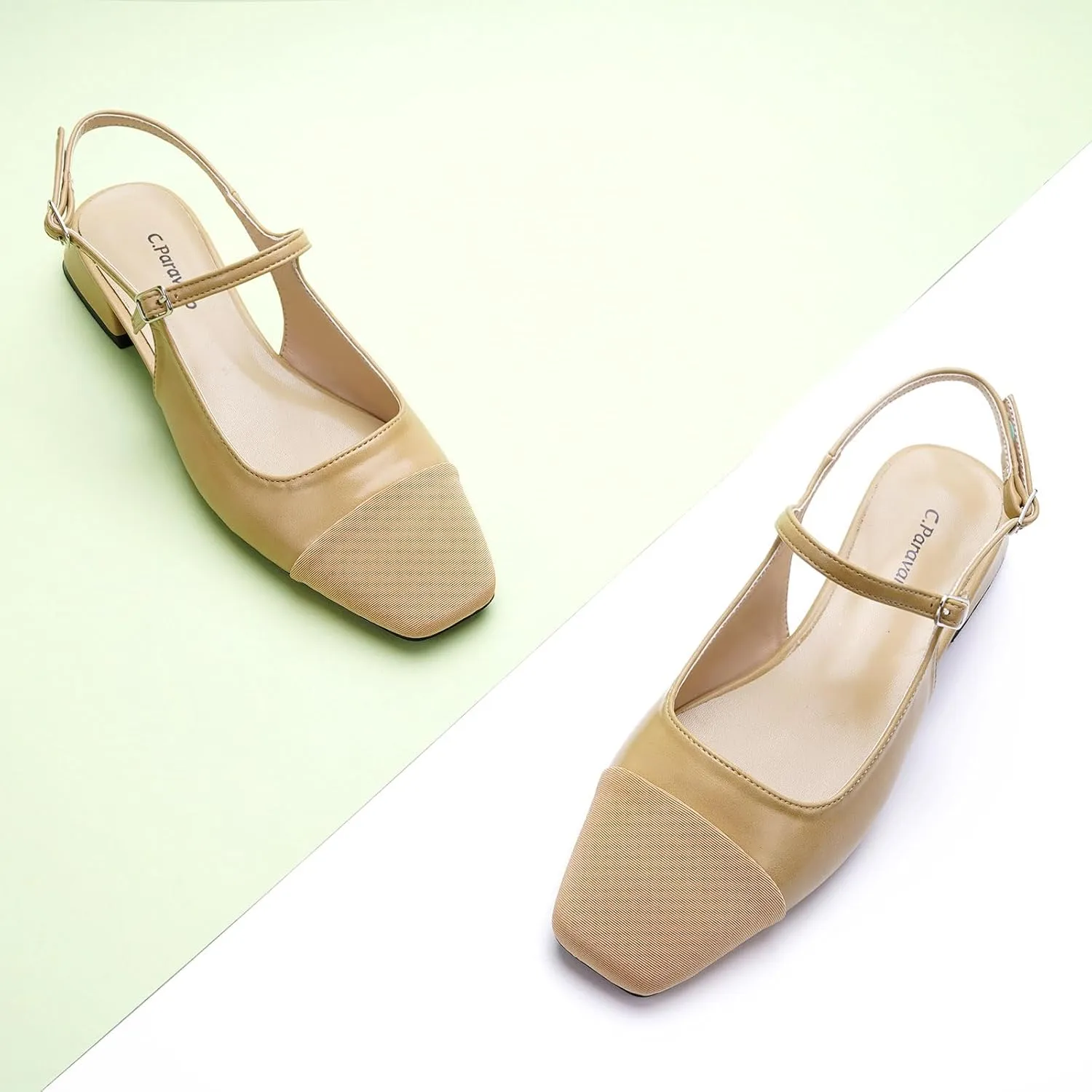 C.Paravano Women's Slingback | Square Toe Slingback Flats | Ankle Strap Flats Sandals | Slip on Casual Flats Shoes | Leather Dress Shoes for Wedding
