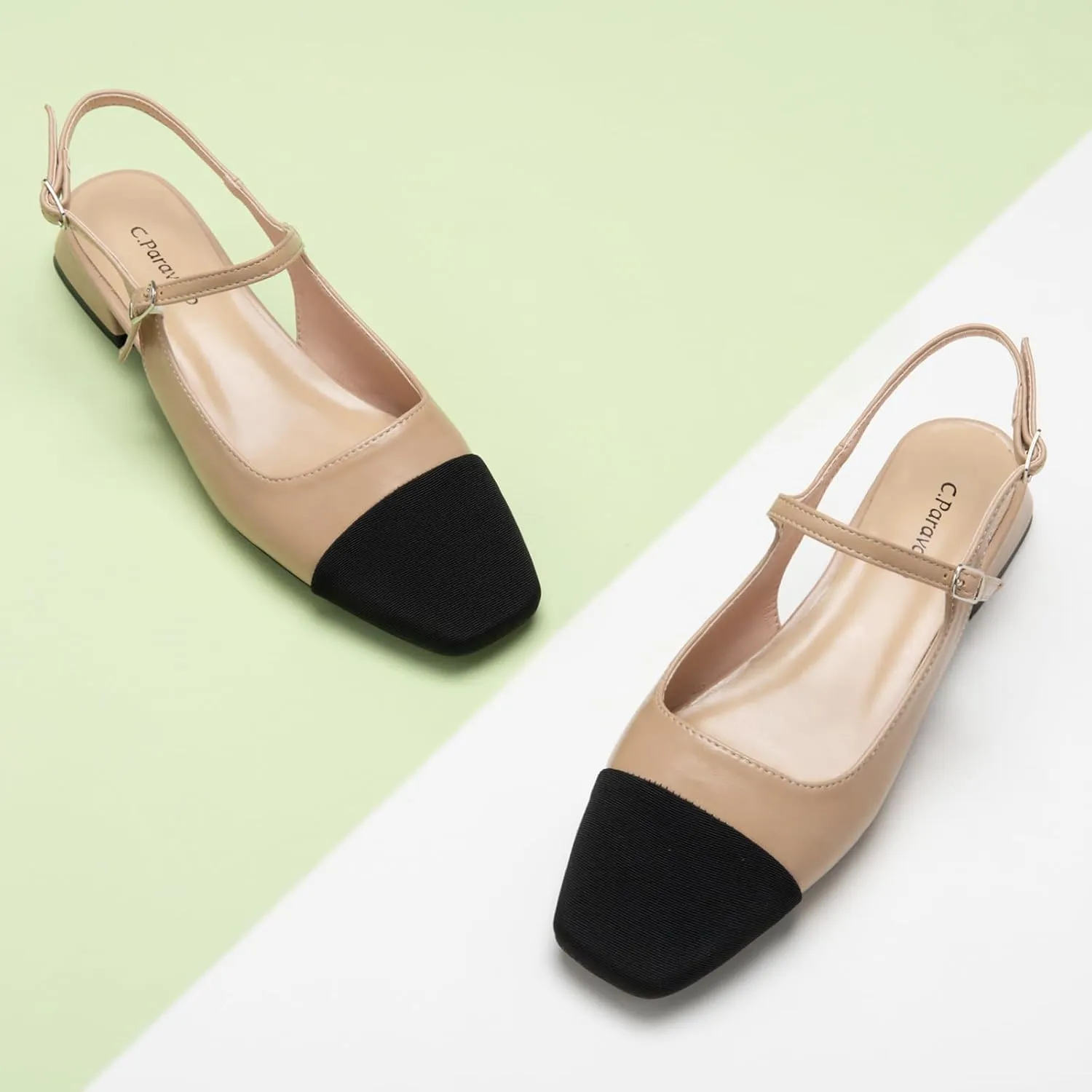 C.Paravano Women's Slingback | Square Toe Slingback Flats | Ankle Strap Flats Sandals | Slip on Casual Flats Shoes | Leather Dress Shoes for Wedding