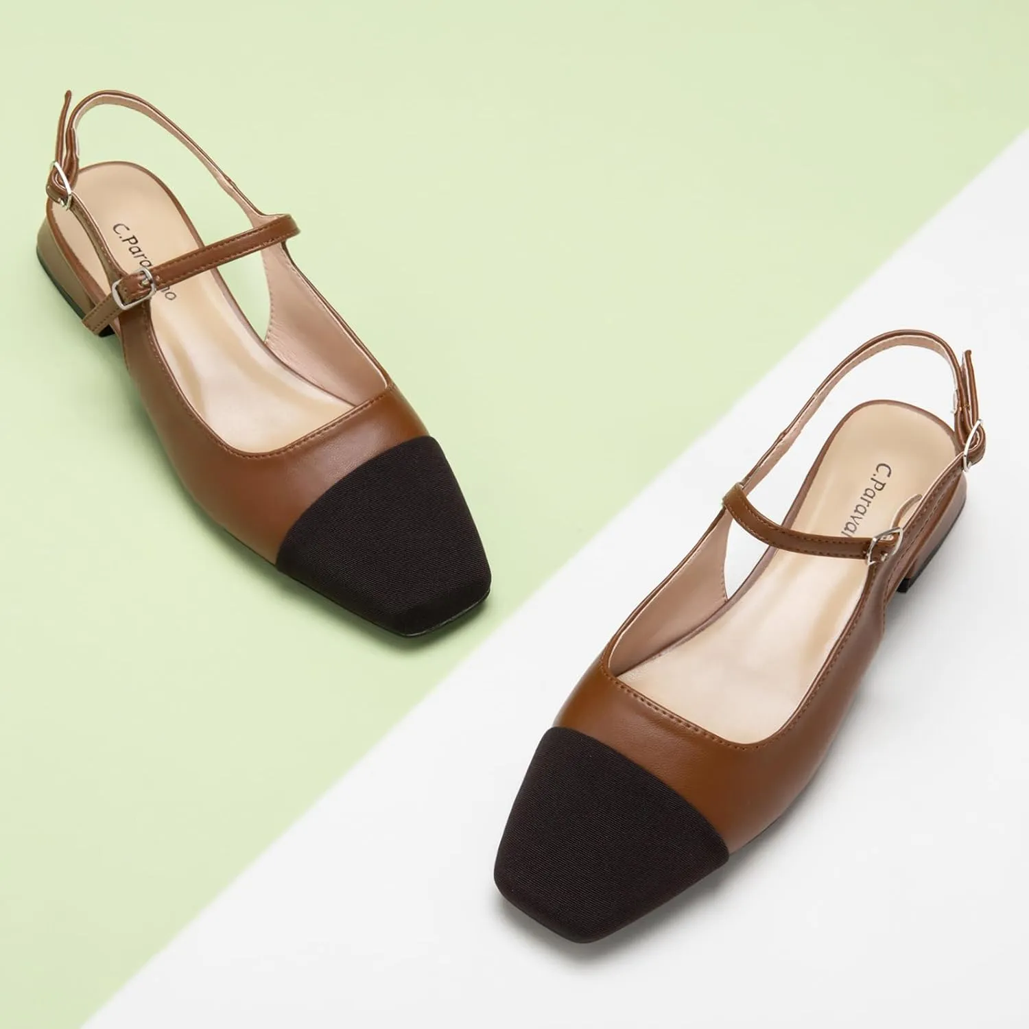 C.Paravano Women's Slingback | Square Toe Slingback Flats | Ankle Strap Flats Sandals | Slip on Casual Flats Shoes | Leather Dress Shoes for Wedding