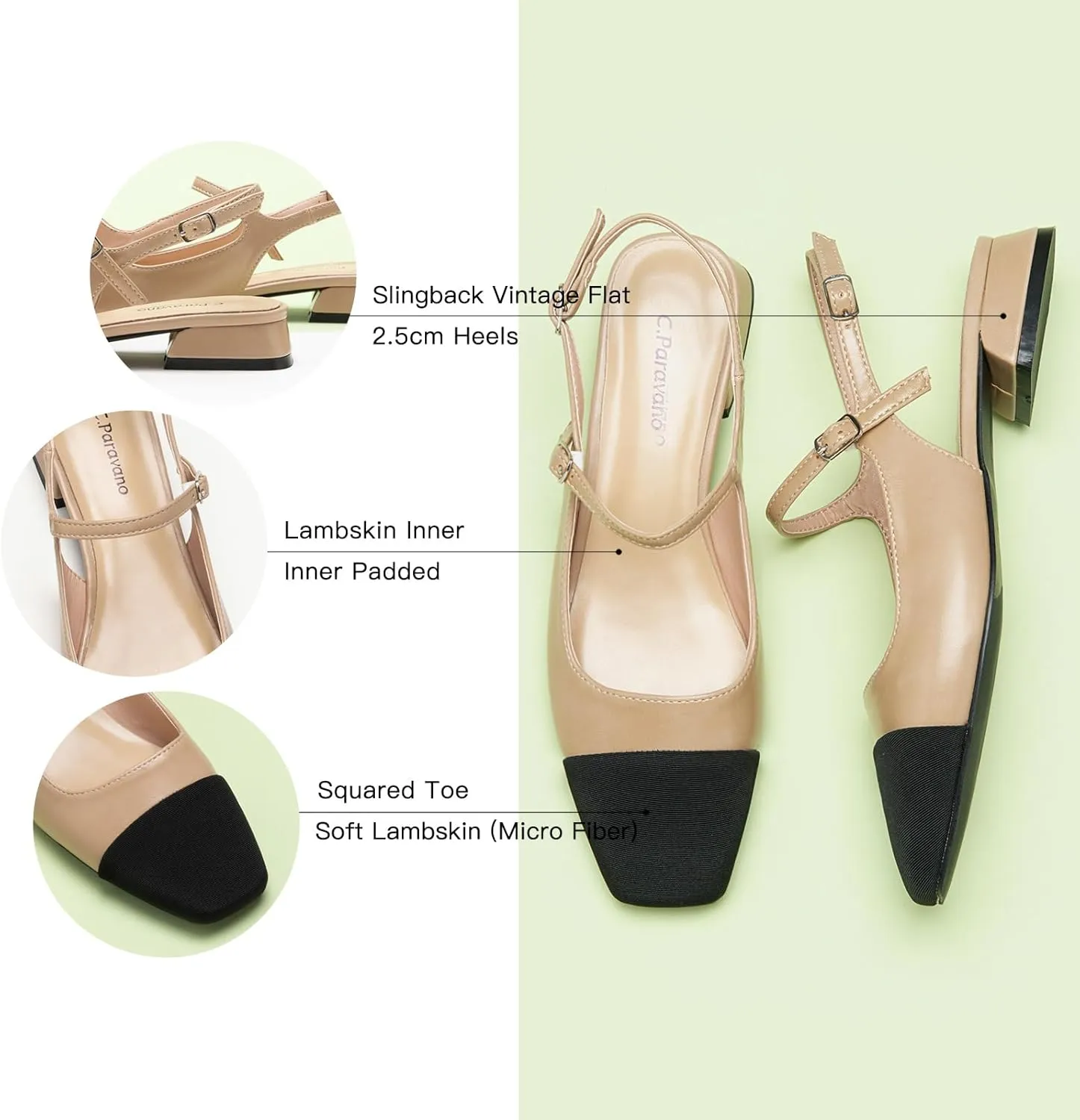 C.Paravano Women's Slingback | Square Toe Slingback Flats | Ankle Strap Flats Sandals | Slip on Casual Flats Shoes | Leather Dress Shoes for Wedding