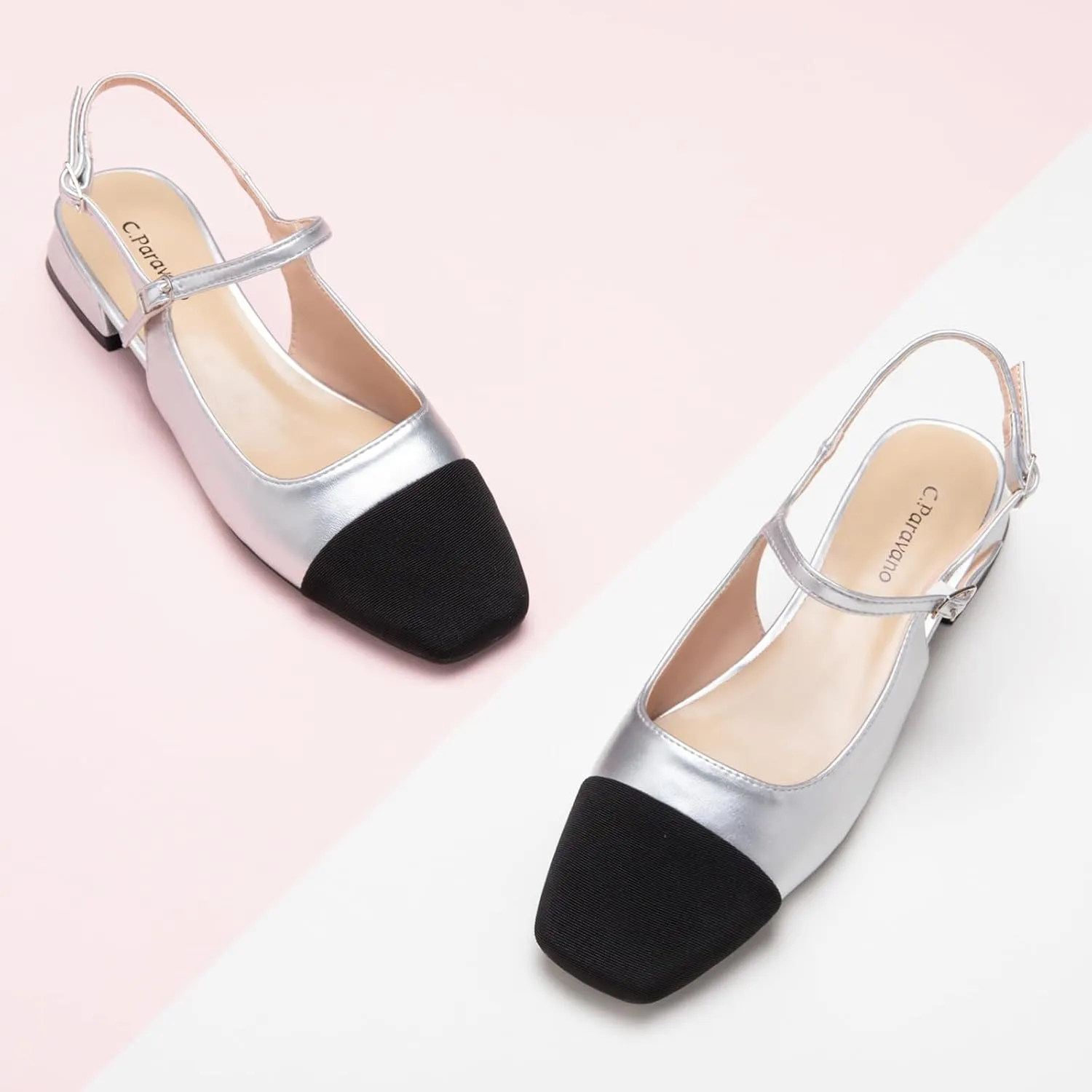 C.Paravano Women's Slingback | Square Toe Slingback Flats | Ankle Strap Flats Sandals | Slip on Casual Flats Shoes | Leather Dress Shoes for Wedding