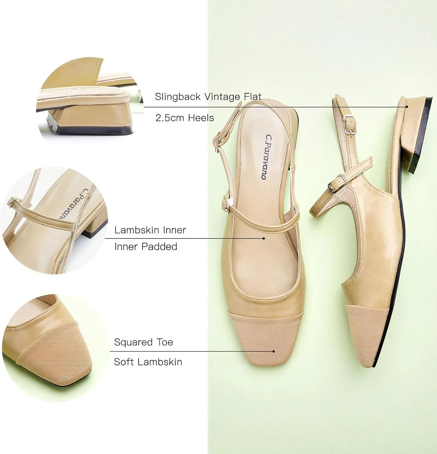 C.Paravano Women's Slingback | Square Toe Slingback Flats | Ankle Strap Flats Sandals | Slip on Casual Flats Shoes | Leather Dress Shoes for Wedding