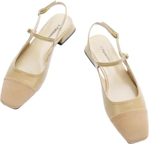 C.Paravano Women's Slingback | Square Toe Slingback Flats | Ankle Strap Flats Sandals | Slip on Casual Flats Shoes | Leather Dress Shoes for Wedding
