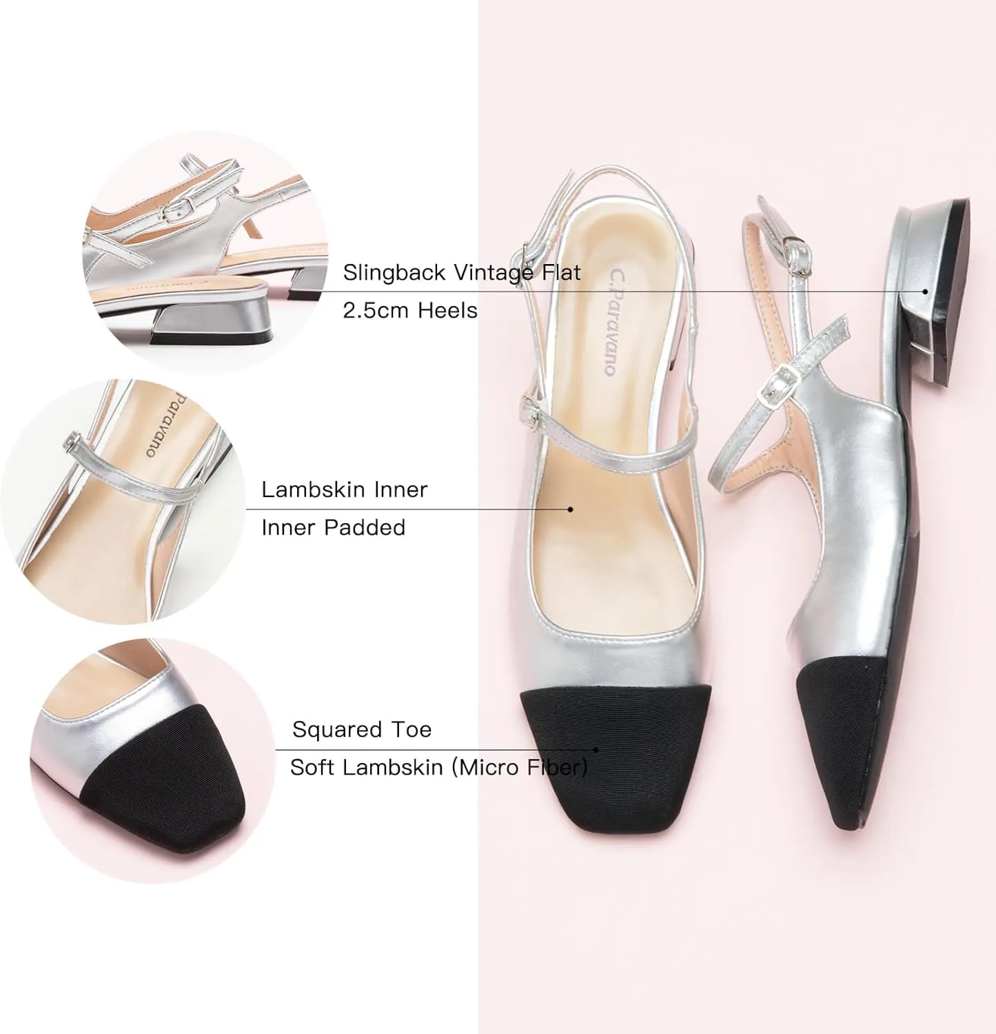 C.Paravano Women's Slingback | Square Toe Slingback Flats | Ankle Strap Flats Sandals | Slip on Casual Flats Shoes | Leather Dress Shoes for Wedding