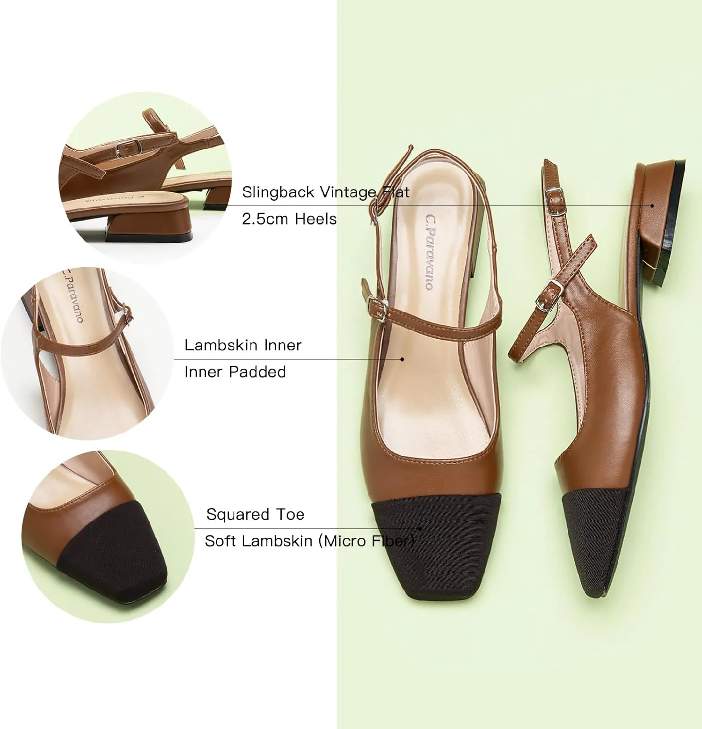 C.Paravano Women's Slingback | Square Toe Slingback Flats | Ankle Strap Flats Sandals | Slip on Casual Flats Shoes | Leather Dress Shoes for Wedding