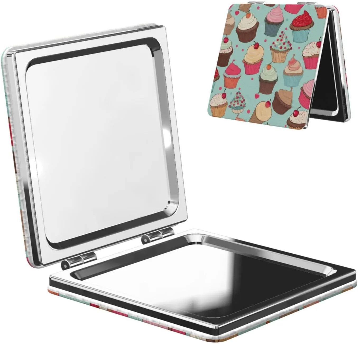 Cupcake Pattern Printed Square Pocket Makeup Mirror with 1X/2X Magnification, Portable Mini Travel Makeup Mirror for Travel Daily Work Beauty