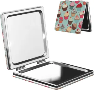 Cupcake Pattern Printed Square Pocket Makeup Mirror with 1X/2X Magnification, Portable Mini Travel Makeup Mirror for Travel Daily Work Beauty