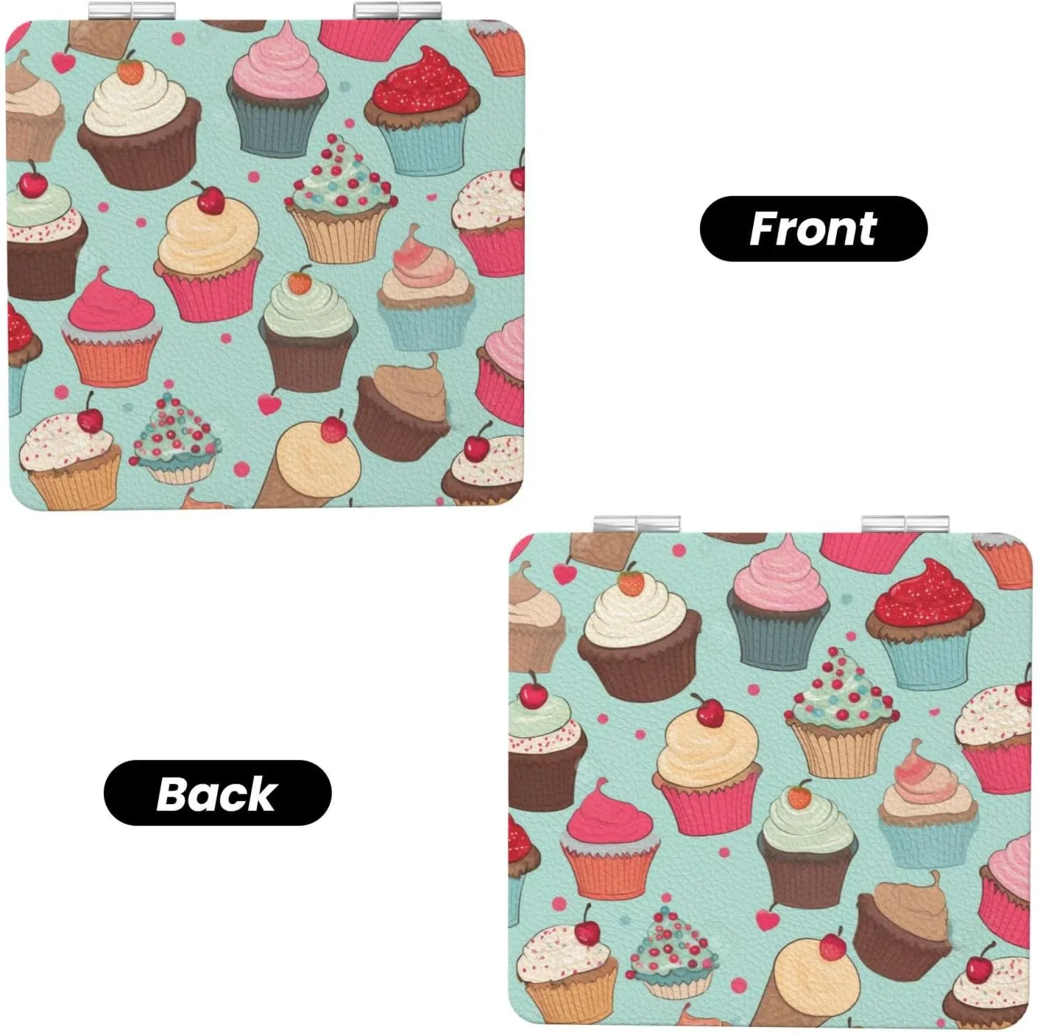 Cupcake Pattern Printed Square Pocket Makeup Mirror with 1X/2X Magnification, Portable Mini Travel Makeup Mirror for Travel Daily Work Beauty