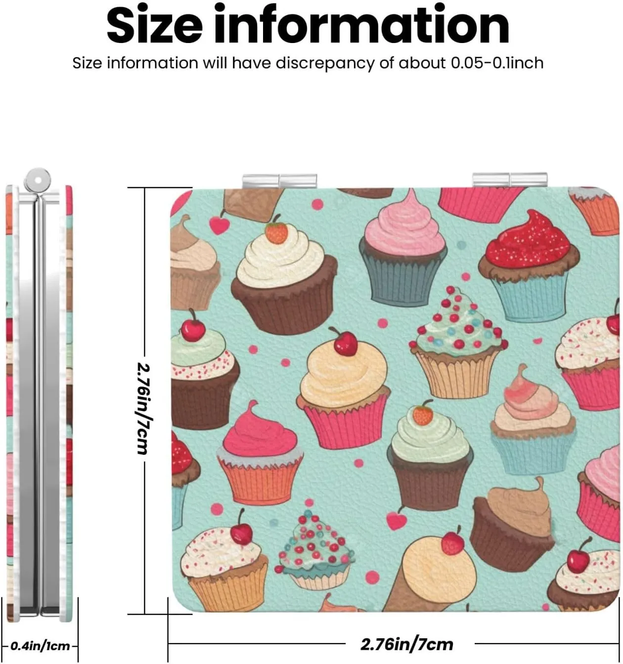 Cupcake Pattern Printed Square Pocket Makeup Mirror with 1X/2X Magnification, Portable Mini Travel Makeup Mirror for Travel Daily Work Beauty