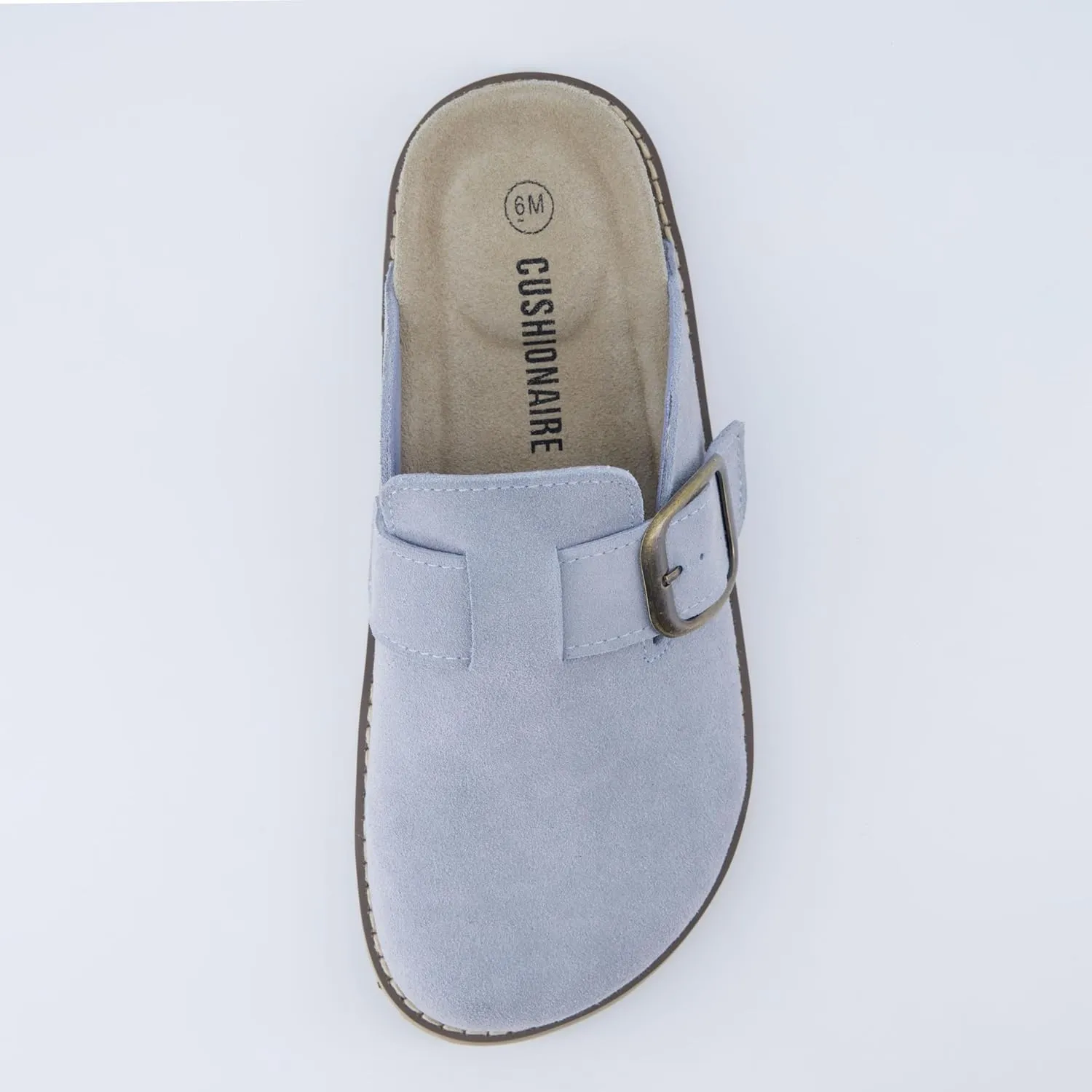 CUSHIONAIRE Women's Blain Genuine Suede Slip-On Clogs with   Memory Foam & Chic Buckle Mule - Comfortable, Non-Slip, Wide Widths Available