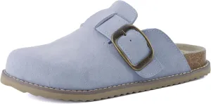 CUSHIONAIRE Women's Blain Genuine Suede Slip-On Clogs with   Memory Foam & Chic Buckle Mule - Comfortable, Non-Slip, Wide Widths Available