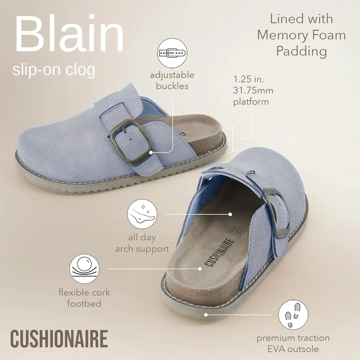 CUSHIONAIRE Women's Blain Genuine Suede Slip-On Clogs with   Memory Foam & Chic Buckle Mule - Comfortable, Non-Slip, Wide Widths Available