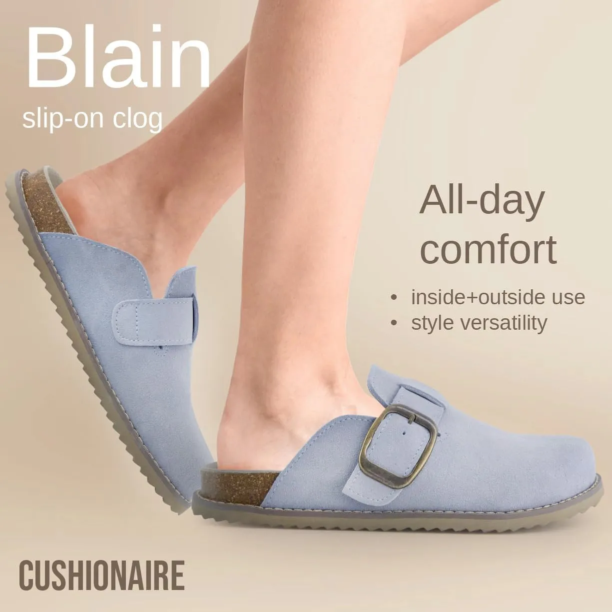 CUSHIONAIRE Women's Blain Genuine Suede Slip-On Clogs with   Memory Foam & Chic Buckle Mule - Comfortable, Non-Slip, Wide Widths Available