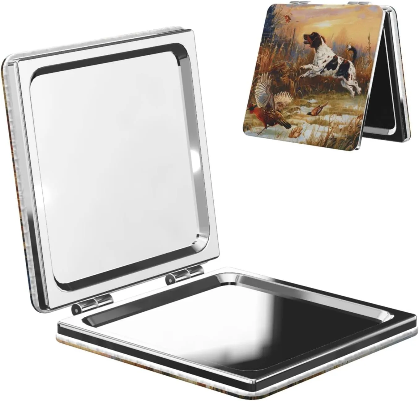 Dog Catching Pheasant Printed Square Pocket Makeup Mirror with 1X/2X Magnification, Portable Mini Travel Makeup Mirror for Travel Daily Work Beauty