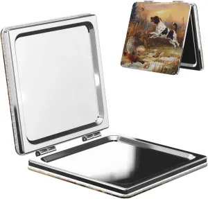 Dog Catching Pheasant Printed Square Pocket Makeup Mirror with 1X/2X Magnification, Portable Mini Travel Makeup Mirror for Travel Daily Work Beauty