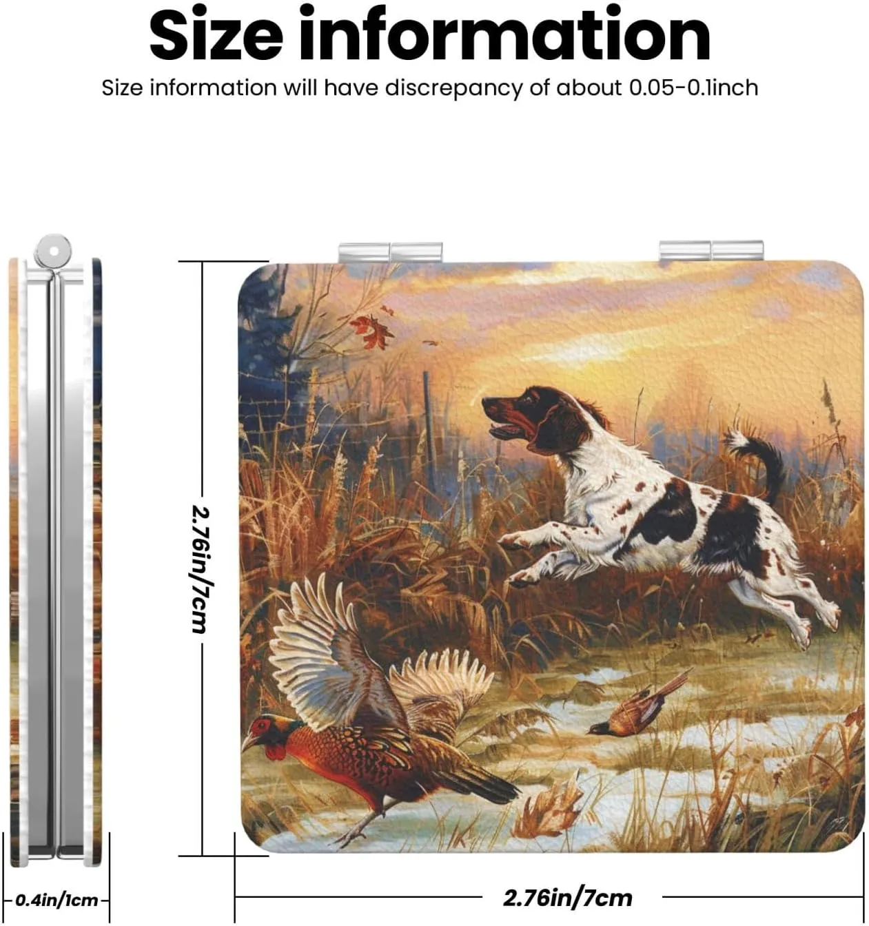 Dog Catching Pheasant Printed Square Pocket Makeup Mirror with 1X/2X Magnification, Portable Mini Travel Makeup Mirror for Travel Daily Work Beauty