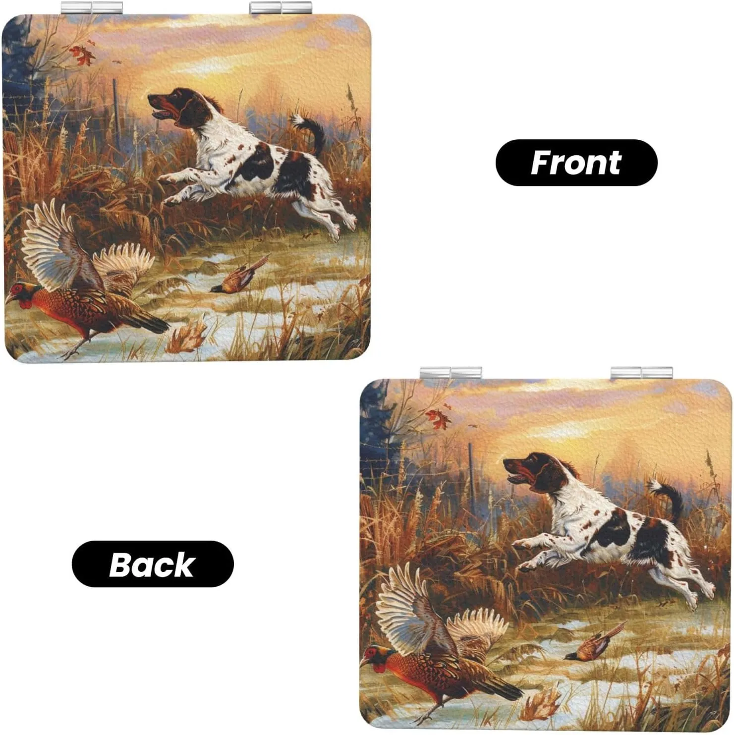 Dog Catching Pheasant Printed Square Pocket Makeup Mirror with 1X/2X Magnification, Portable Mini Travel Makeup Mirror for Travel Daily Work Beauty