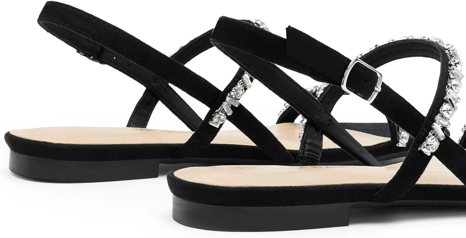 DREAM PAIRS Women's Rhinestone Sandals Open Toe Casual Dressy Sparkly Comfortable Flat Summer Shoes