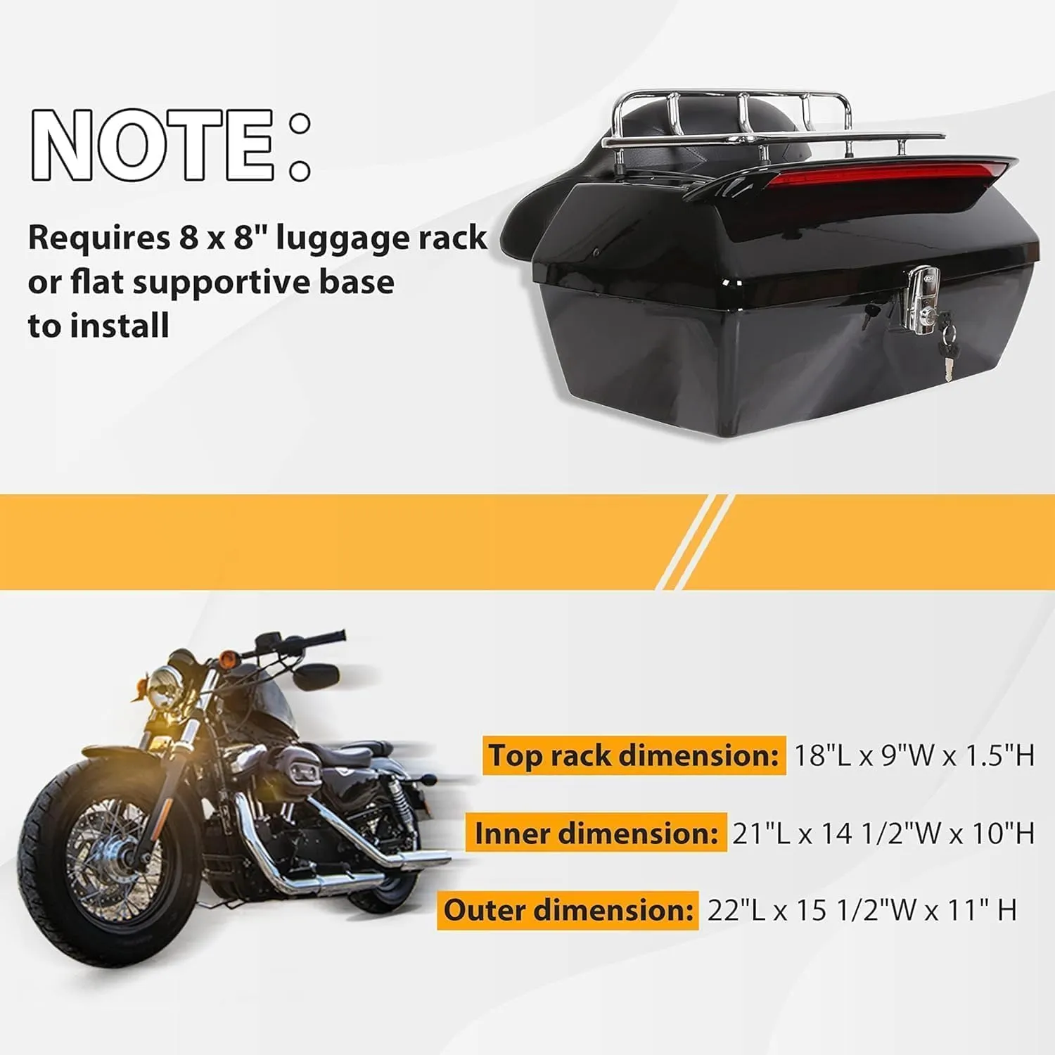ECOTRIC Universal Motorcycle Trunk W/Taillight & Backrest Luggage Rack Compatible with Harley Honda Yamaha Cruiser Road King Steet Road Glide Fatboy Softail Tour Pack Tail Box Top Case (50L)