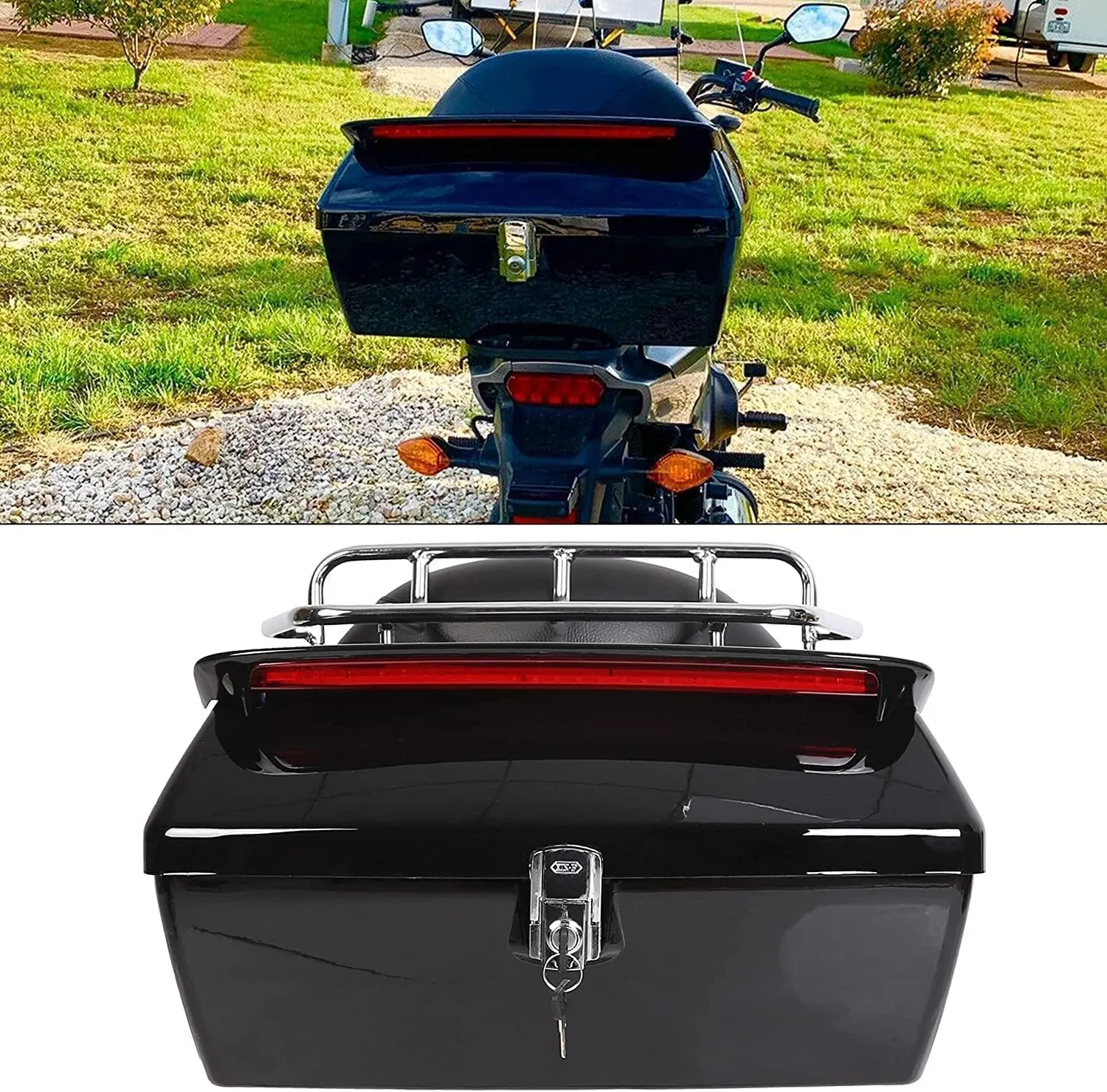 ECOTRIC Universal Motorcycle Trunk W/Taillight & Backrest Luggage Rack Compatible with Harley Honda Yamaha Cruiser Road King Steet Road Glide Fatboy Softail Tour Pack Tail Box Top Case (50L)