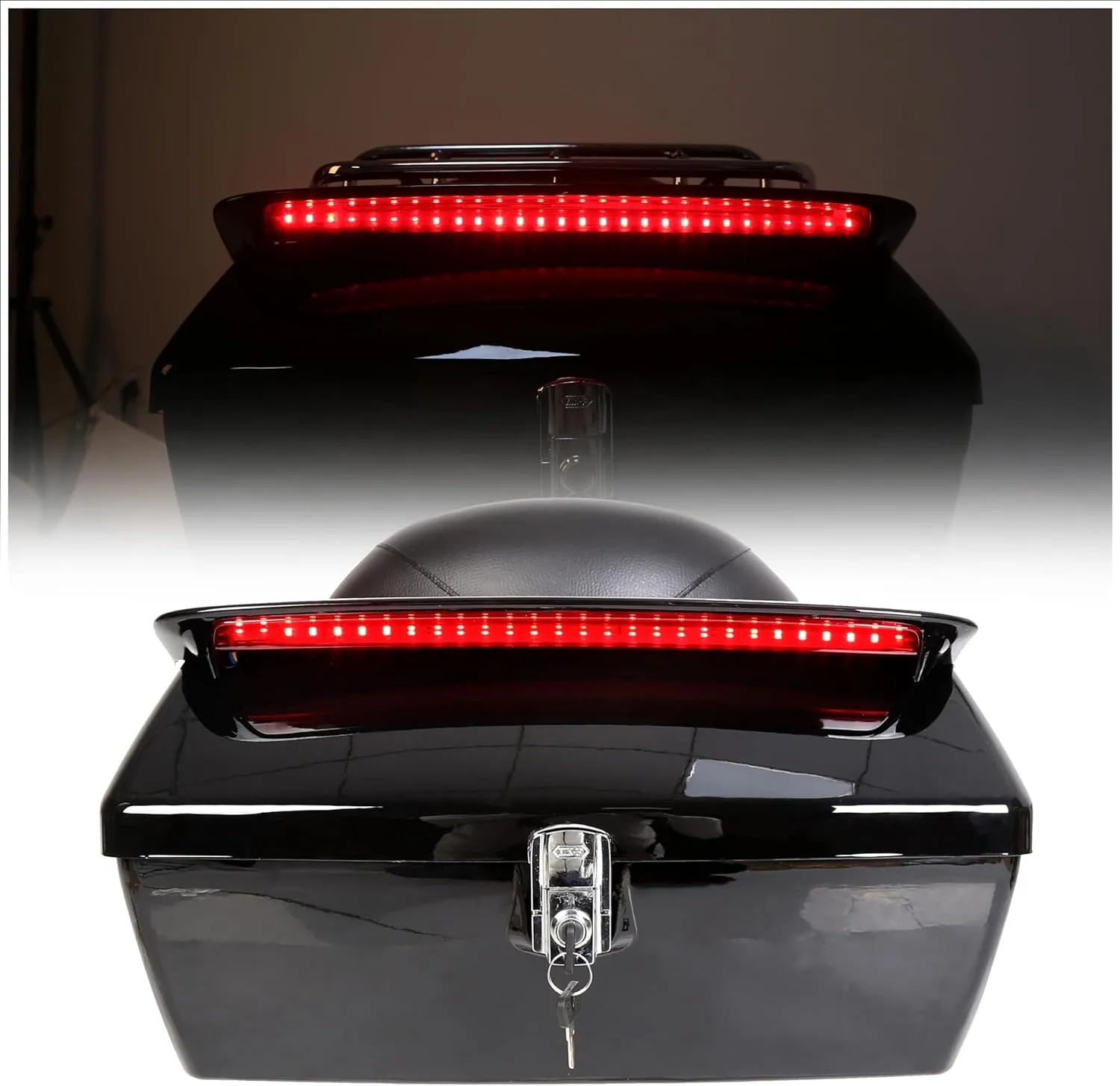 ECOTRIC Universal Motorcycle Trunk W/Taillight & Backrest Luggage Rack Compatible with Harley Honda Yamaha Cruiser Road King Steet Road Glide Fatboy Softail Tour Pack Tail Box Top Case (50L)