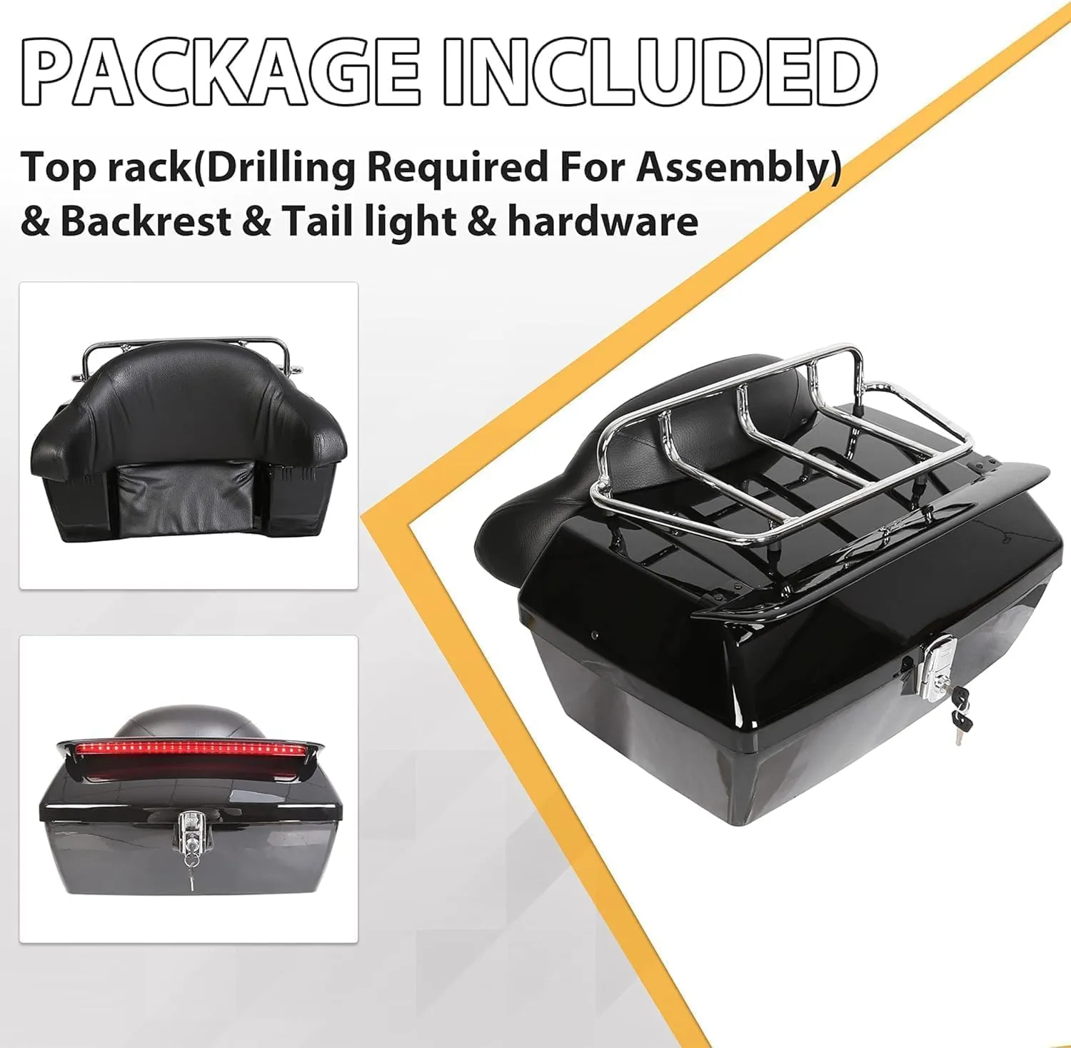 ECOTRIC Universal Motorcycle Trunk W/Taillight & Backrest Luggage Rack Compatible with Harley Honda Yamaha Cruiser Road King Steet Road Glide Fatboy Softail Tour Pack Tail Box Top Case (50L)