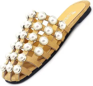 EFTCAL Women's Pearl Square Toe Hollow Mules,Closed Toe Lightweight Comfortable Slip On Flat Sandals,Summer Casual Fashion Non-Slip Beach Sandals