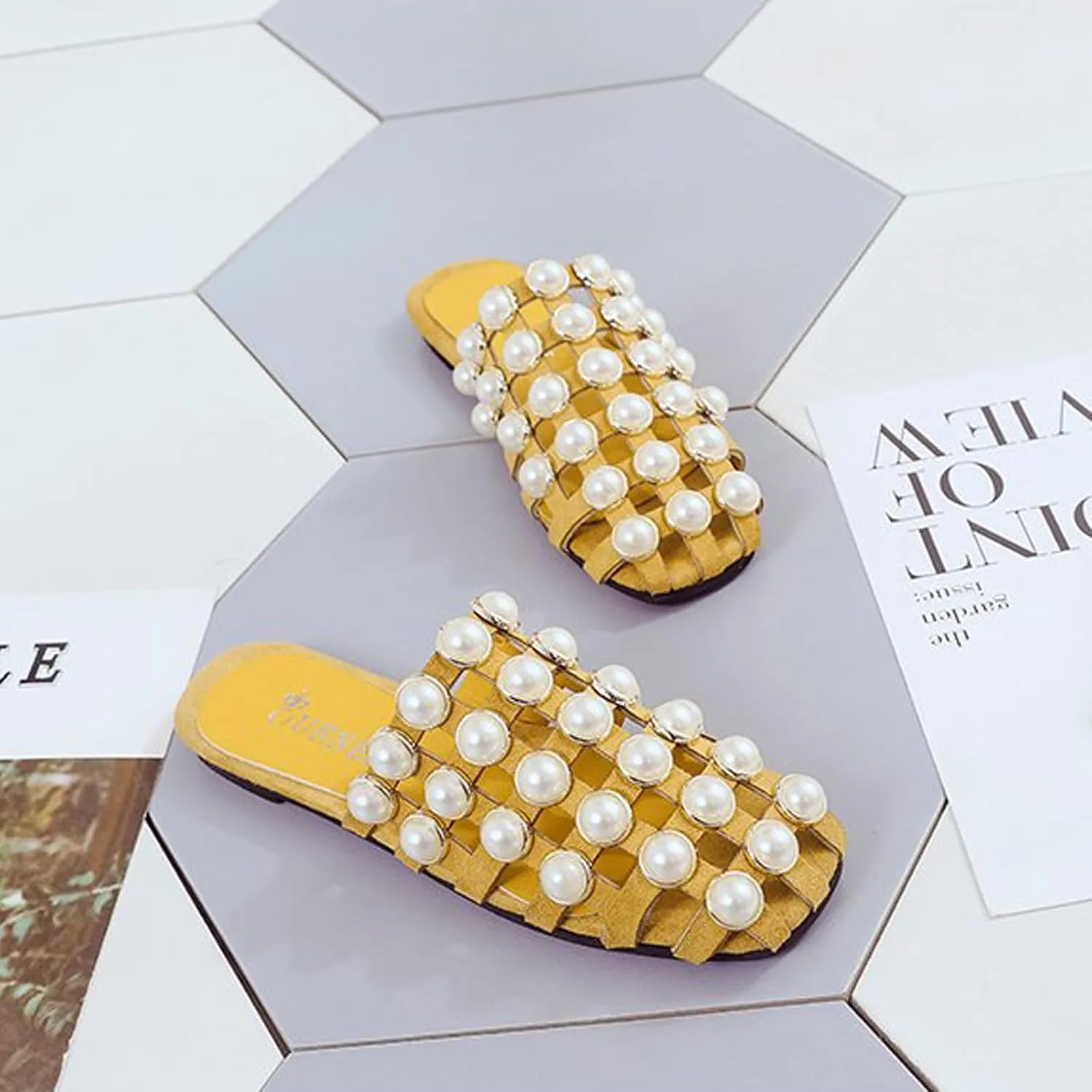 EFTCAL Women's Pearl Square Toe Hollow Mules,Closed Toe Lightweight Comfortable Slip On Flat Sandals,Summer Casual Fashion Non-Slip Beach Sandals
