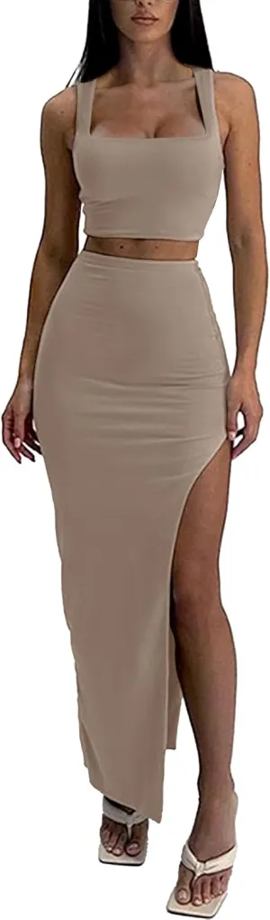 ELLEVEN Two Piece Maxi Skirt Sets for Women, Square Neck Tank Tops with High Side Slit Dress Sets Summer Outfits