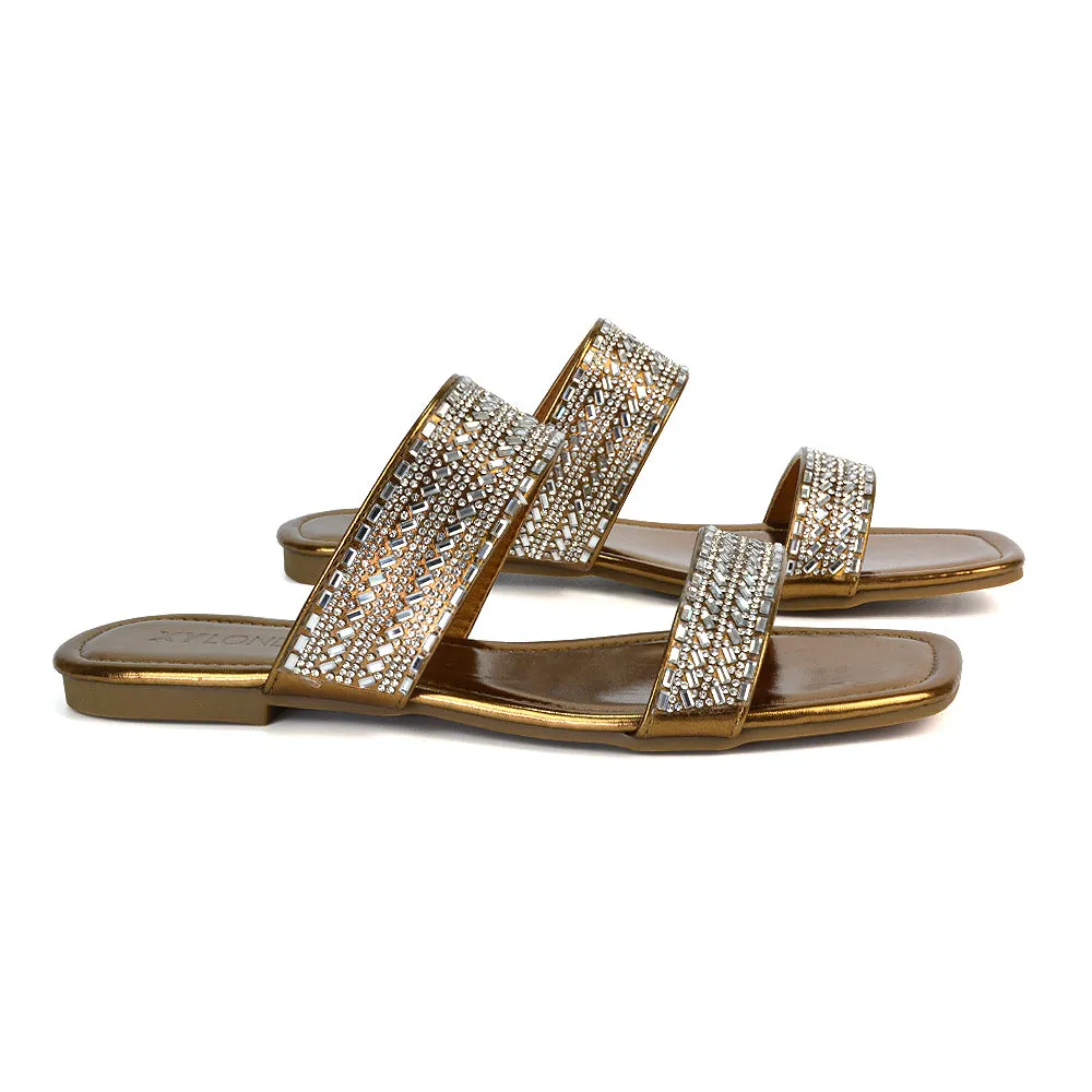 Erica Double Strap Diamante Flat Sandals Rhinestone Sliders in Liquid Gold Metallic