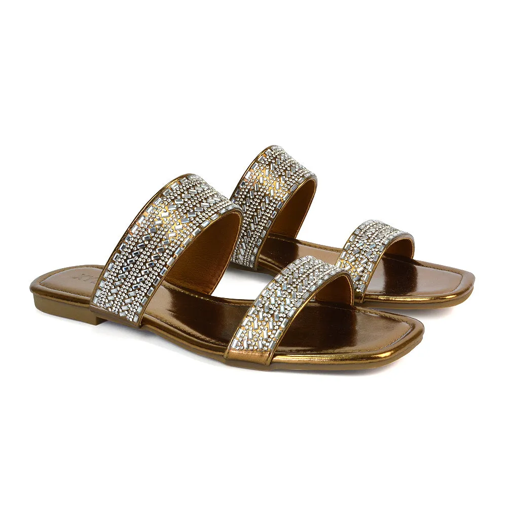 Erica Double Strap Diamante Flat Sandals Rhinestone Sliders in Liquid Gold Metallic