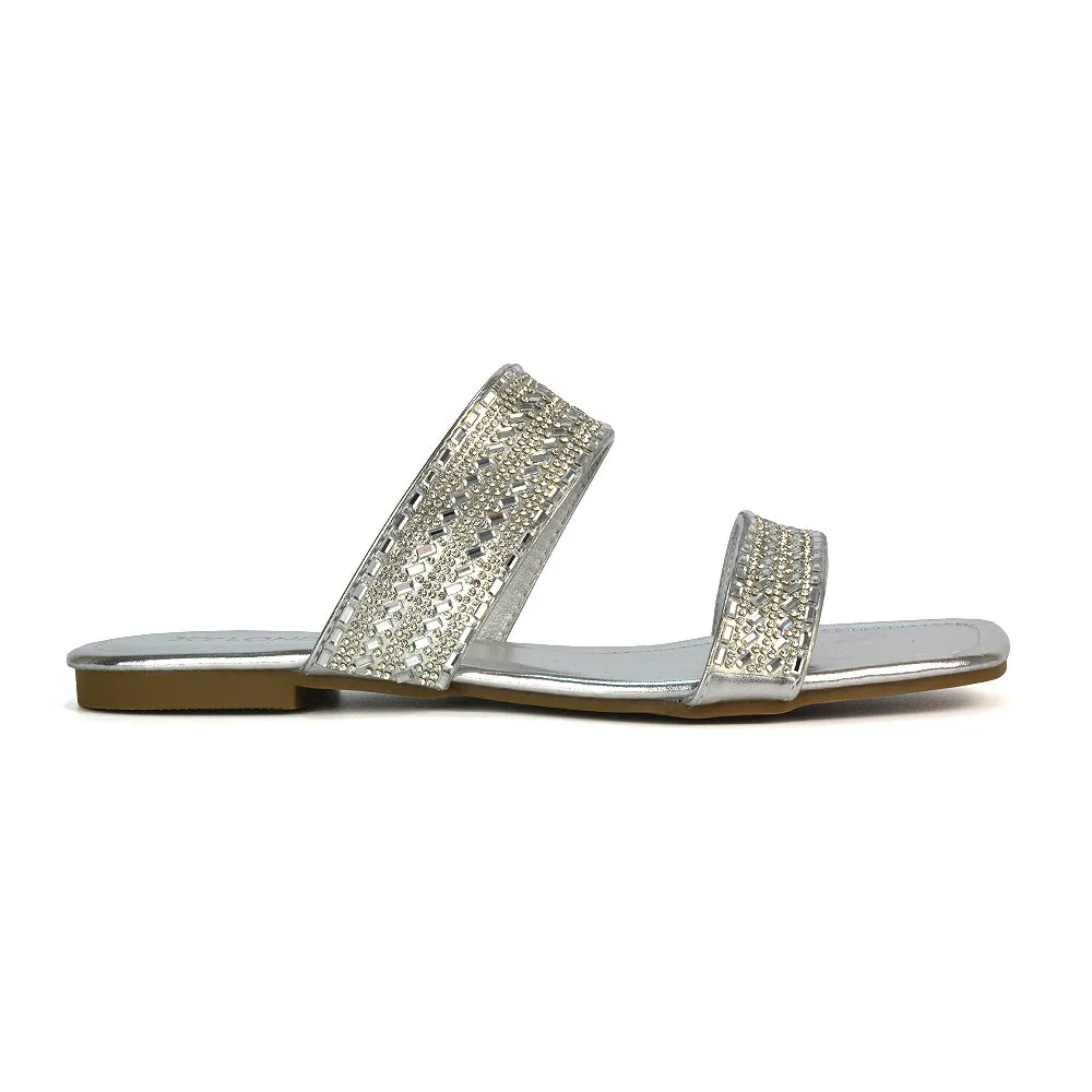 Erica Double Strap Diamante Flat Sandals Rhinestone Sliders in Liquid Gold Metallic