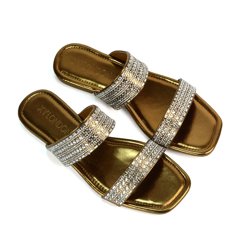 Erica Double Strap Diamante Flat Sandals Rhinestone Sliders in Liquid Gold Metallic