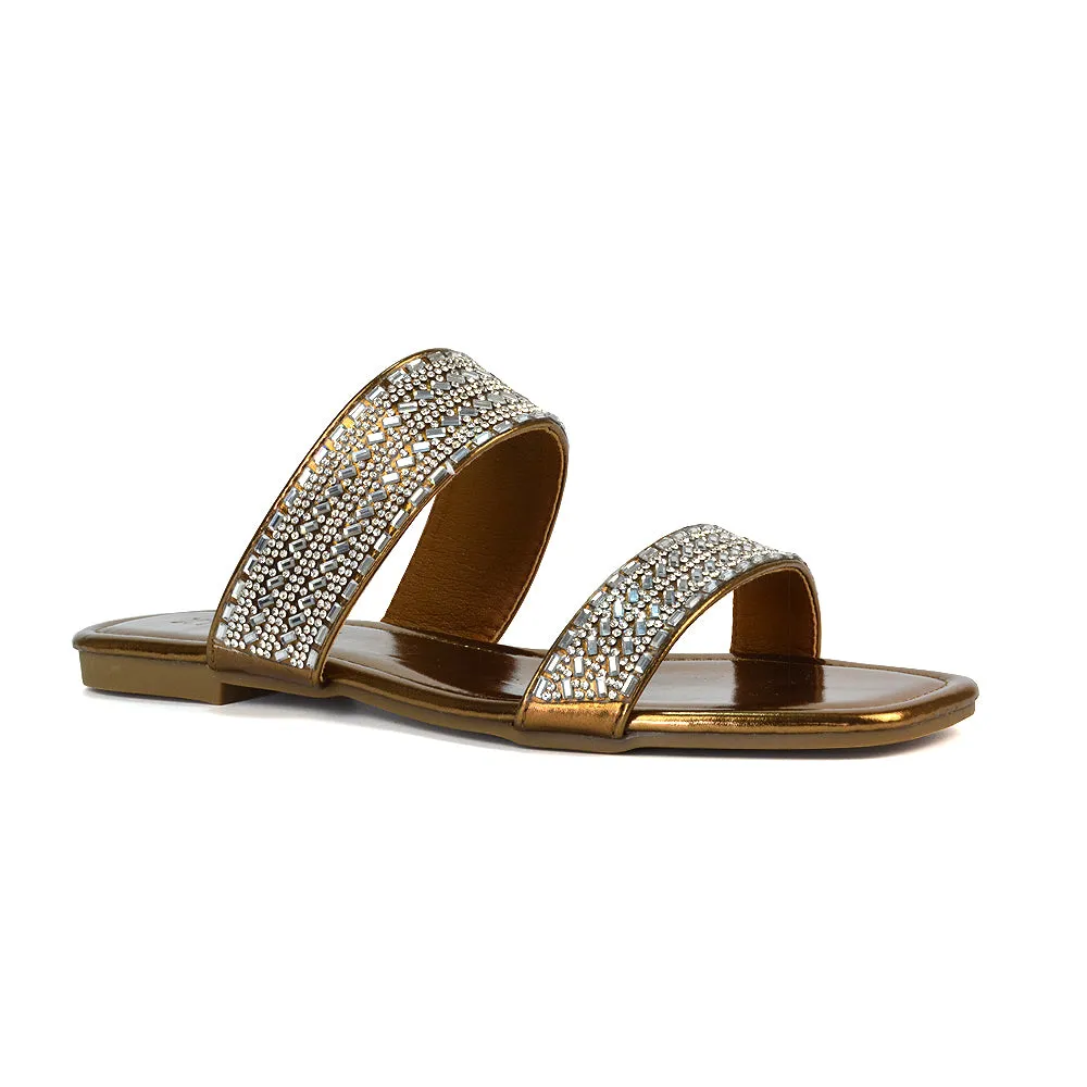 Erica Double Strap Diamante Flat Sandals Rhinestone Sliders in Liquid Gold Metallic