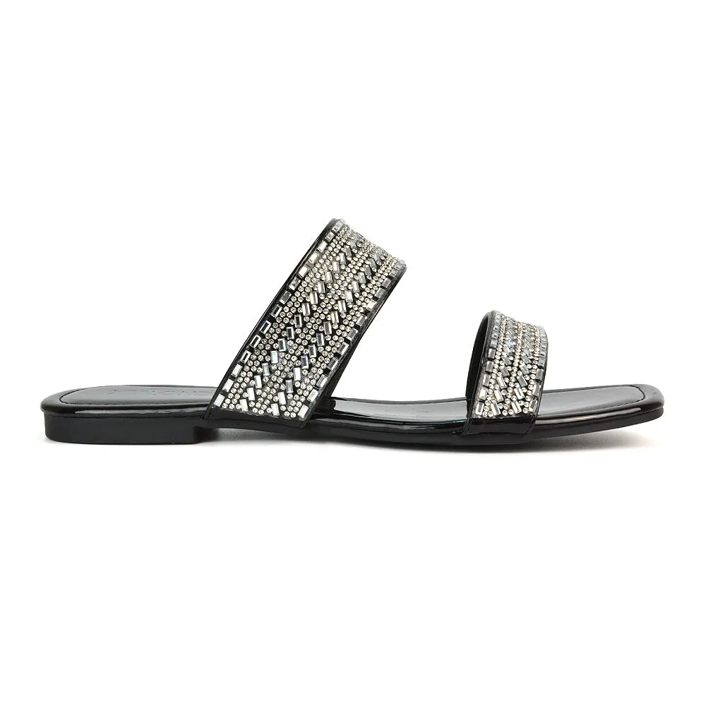 Erica Double Strap Diamante Flat Sandals Rhinestone Sliders in Liquid Gold Metallic