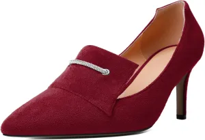 Esvowido Loafers for Women Closed Toe Kitten Heels Slip on Pumps Chain Trims with Rhinestone Comfortable Loafer Shoes 2.5 Inch