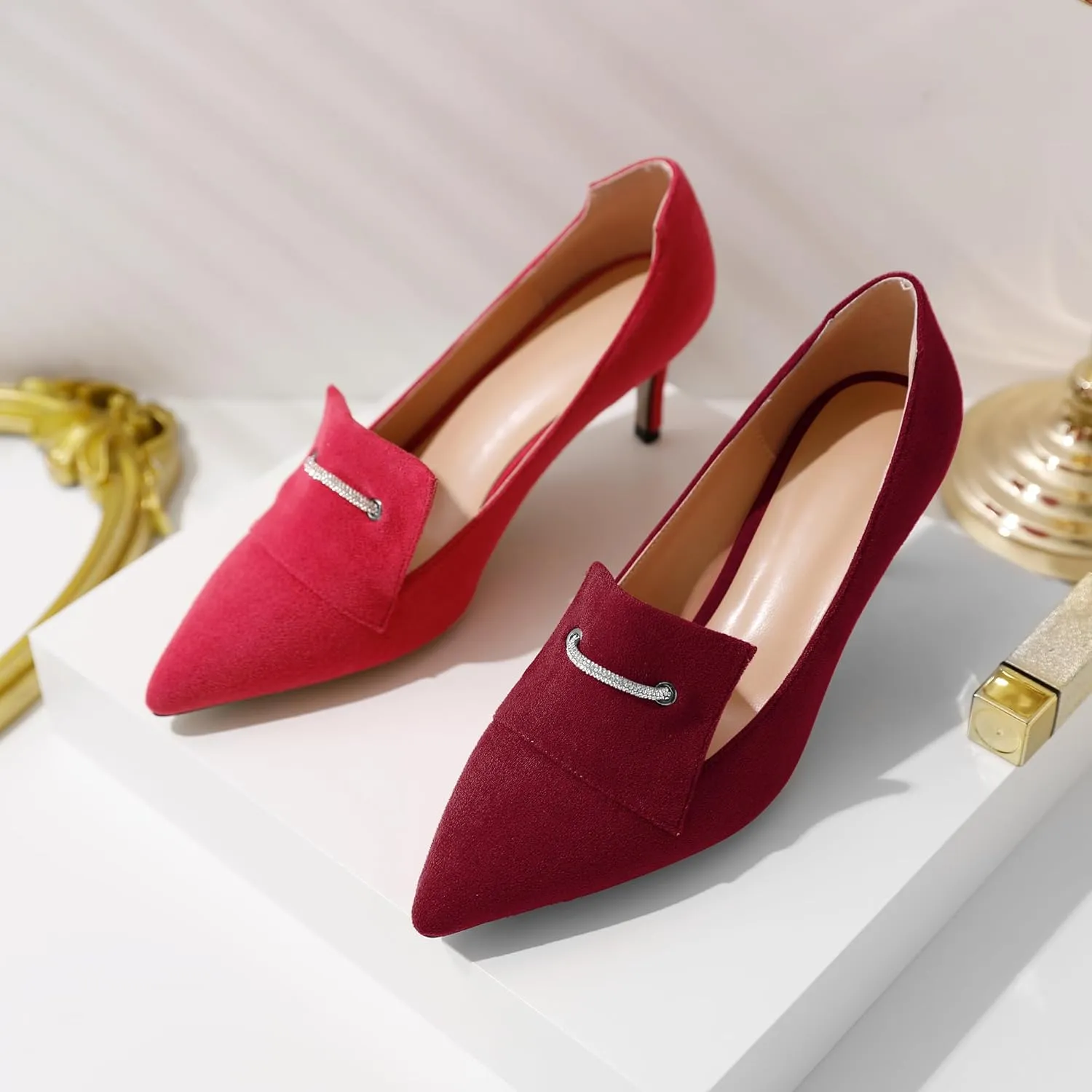 Esvowido Loafers for Women Closed Toe Kitten Heels Slip on Pumps Chain Trims with Rhinestone Comfortable Loafer Shoes 2.5 Inch