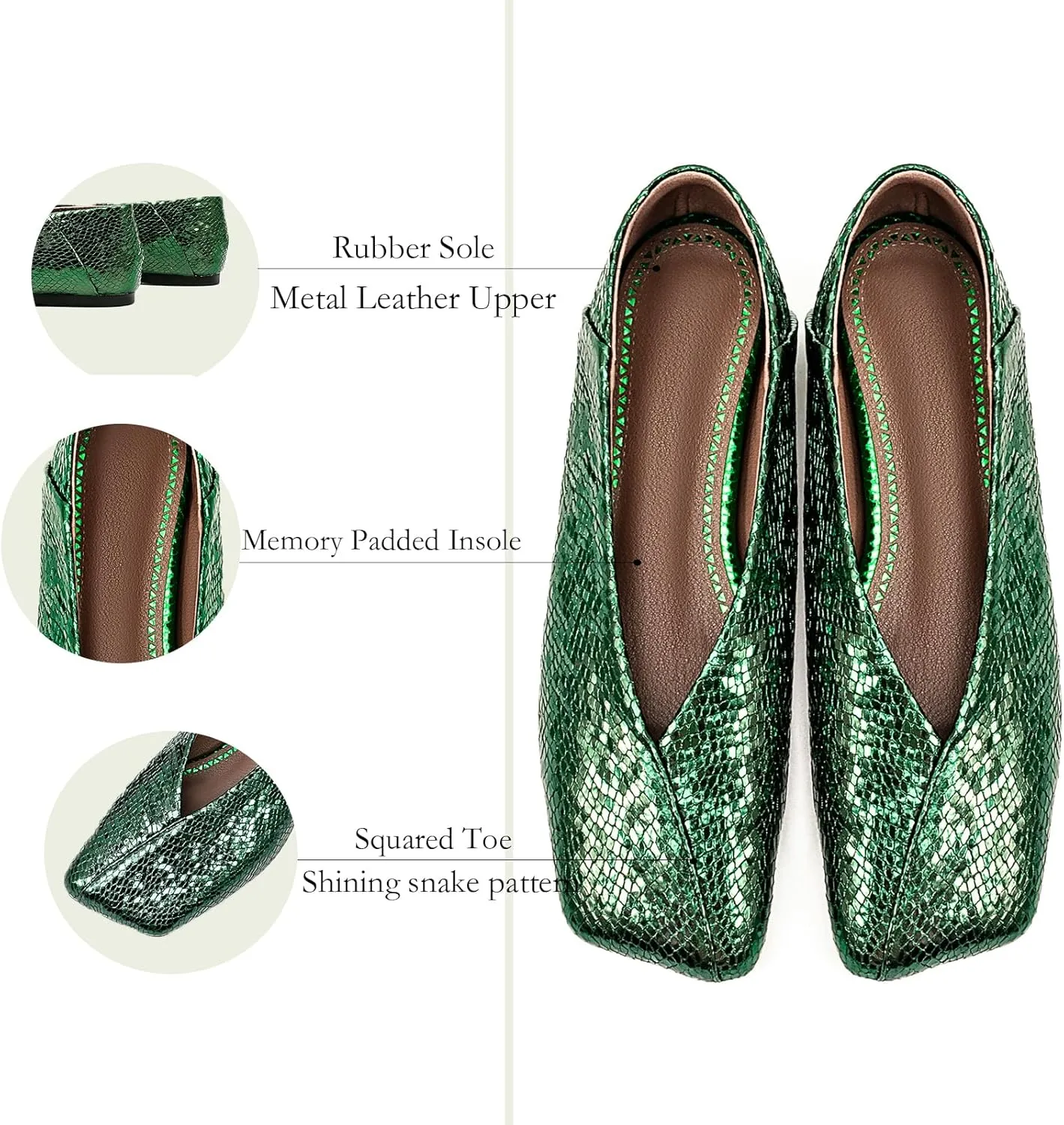 Fandimeier Women's Square Toe Ballet Flats Shoes Snakeskin Dressy Comfortable Slip-on Metallic Leather Ballerina Flats