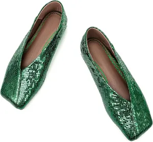 Fandimeier Women's Square Toe Ballet Flats Shoes Snakeskin Dressy Comfortable Slip-on Metallic Leather Ballerina Flats