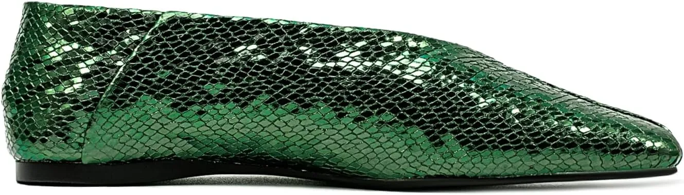 Fandimeier Women's Square Toe Ballet Flats Shoes Snakeskin Dressy Comfortable Slip-on Metallic Leather Ballerina Flats