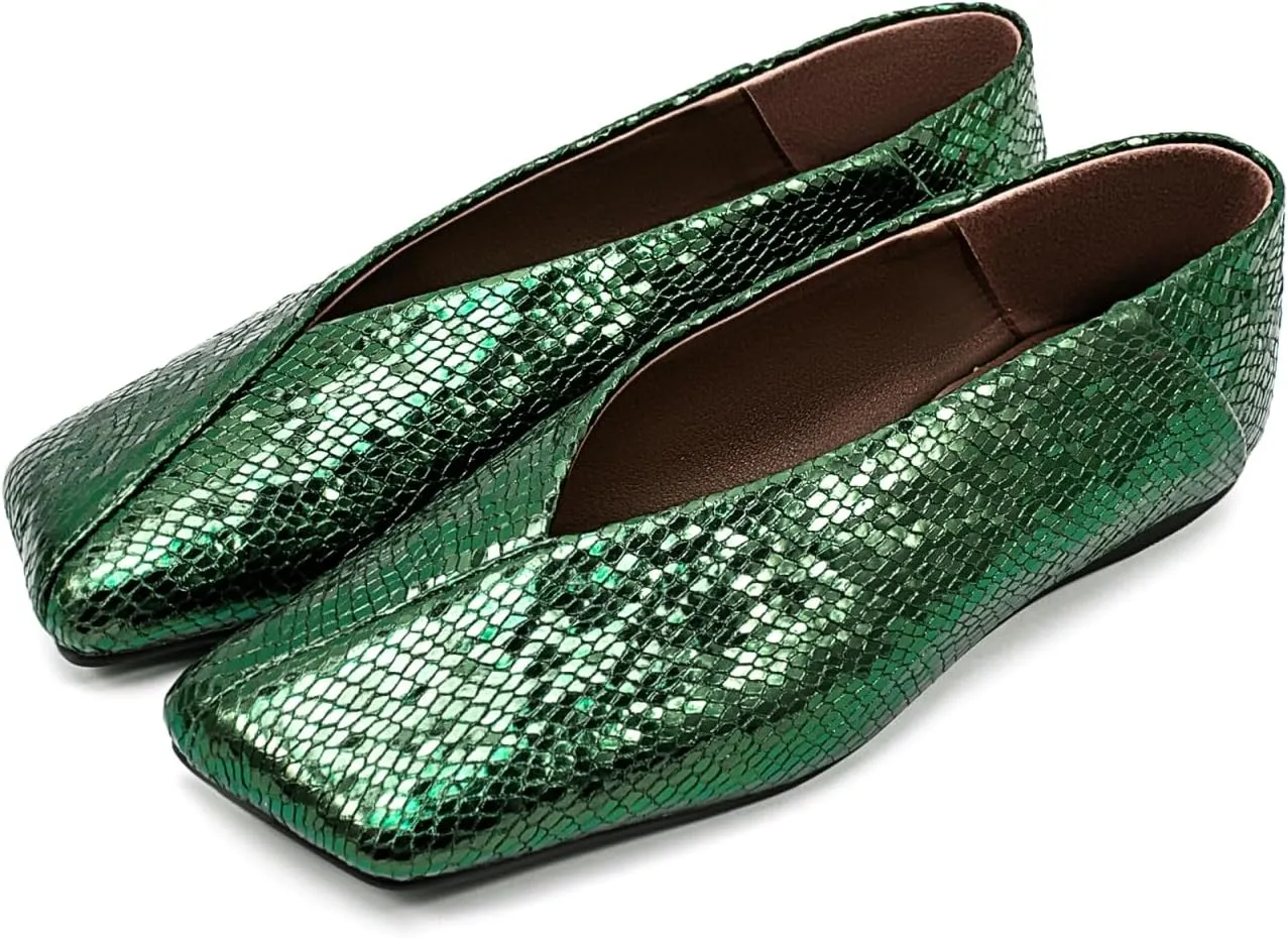 Fandimeier Women's Square Toe Ballet Flats Shoes Snakeskin Dressy Comfortable Slip-on Metallic Leather Ballerina Flats