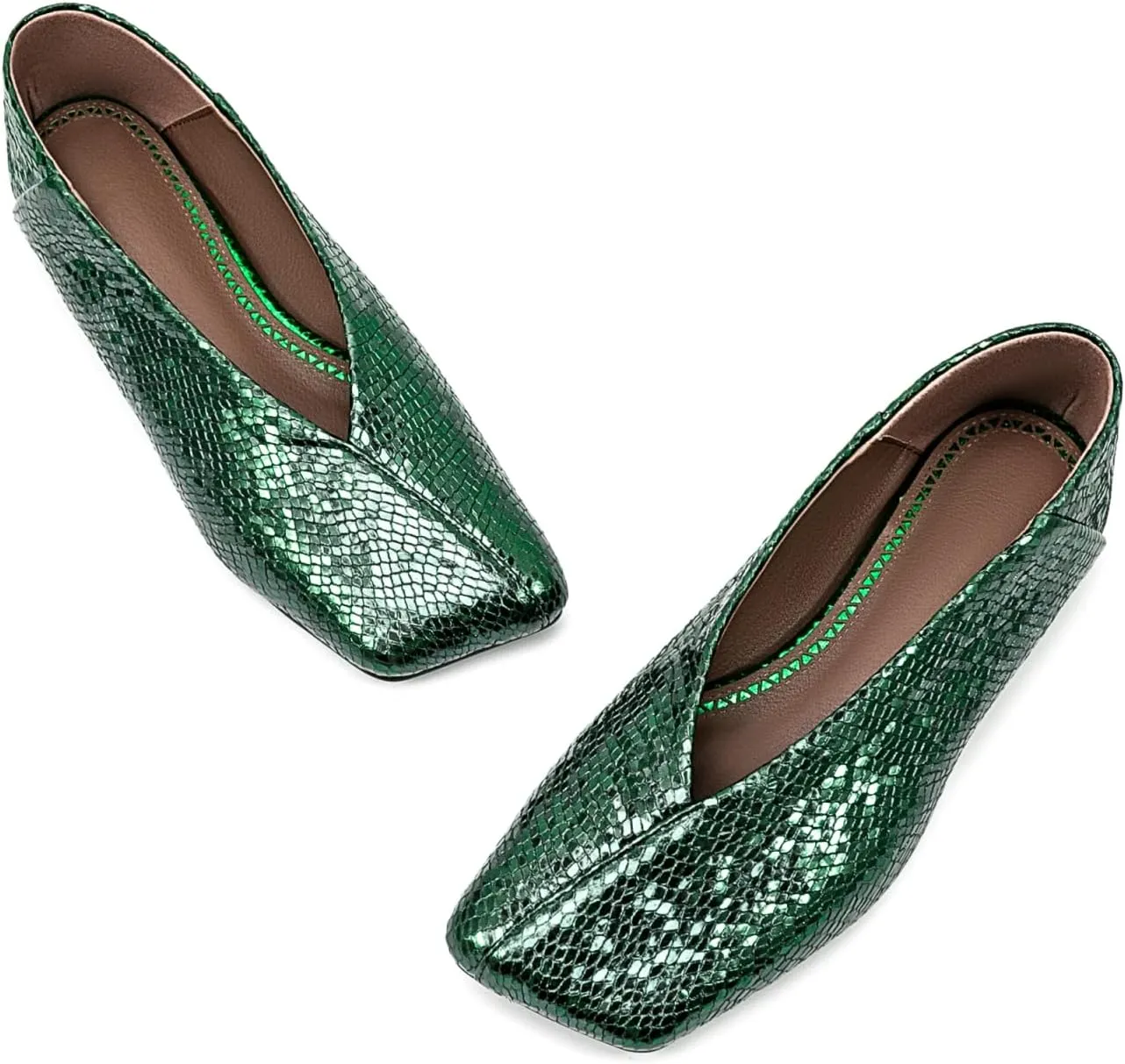 Fandimeier Women's Square Toe Ballet Flats Shoes Snakeskin Dressy Comfortable Slip-on Metallic Leather Ballerina Flats