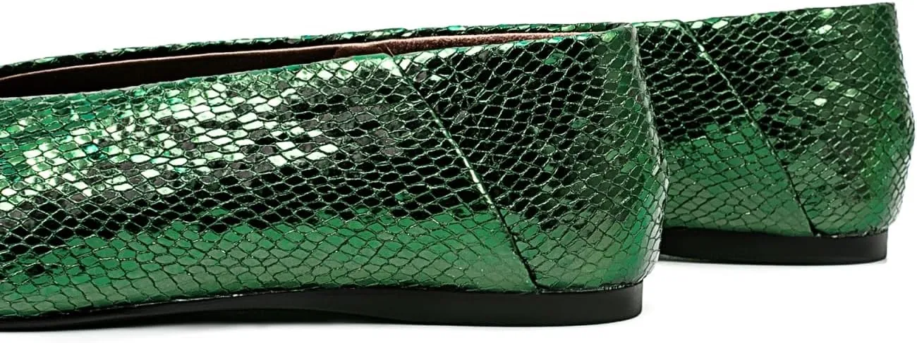 Fandimeier Women's Square Toe Ballet Flats Shoes Snakeskin Dressy Comfortable Slip-on Metallic Leather Ballerina Flats