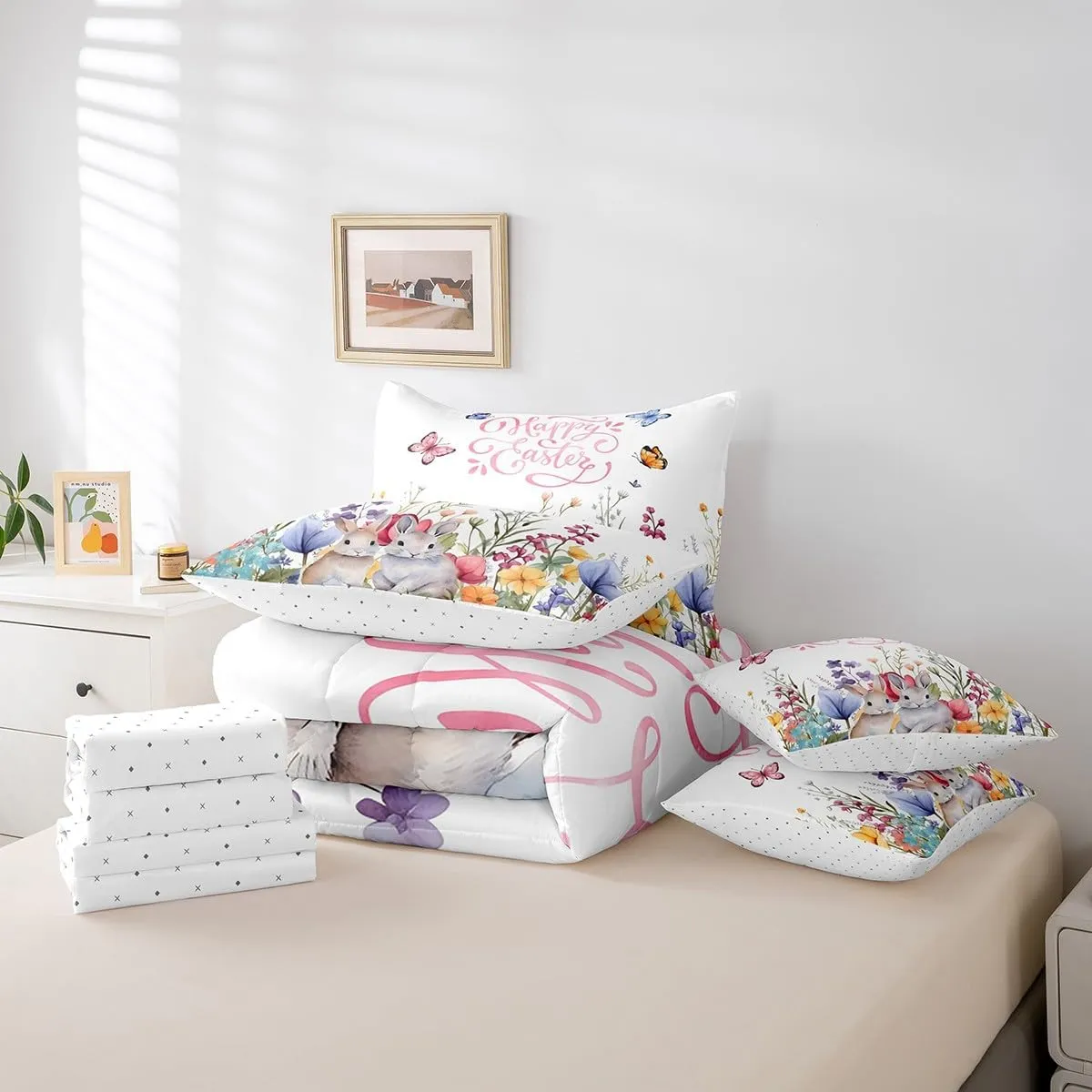 Feelyou Cute Rabbit Bedding Set 7 Pieces Full Size Kids Easter Day Comforter Set Cartoon Animals Bed Set Garden Butterfly Flower Bed in a Bag, Comforter Sheets Pillowcases Cushion Cover