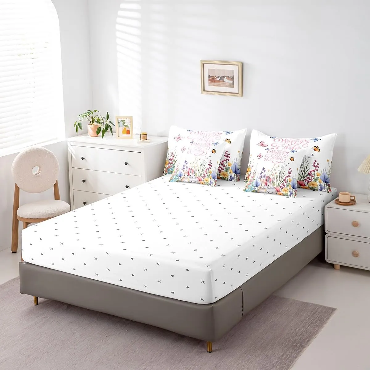 Feelyou Cute Rabbit Bedding Set 7 Pieces Full Size Kids Easter Day Comforter Set Cartoon Animals Bed Set Garden Butterfly Flower Bed in a Bag, Comforter Sheets Pillowcases Cushion Cover