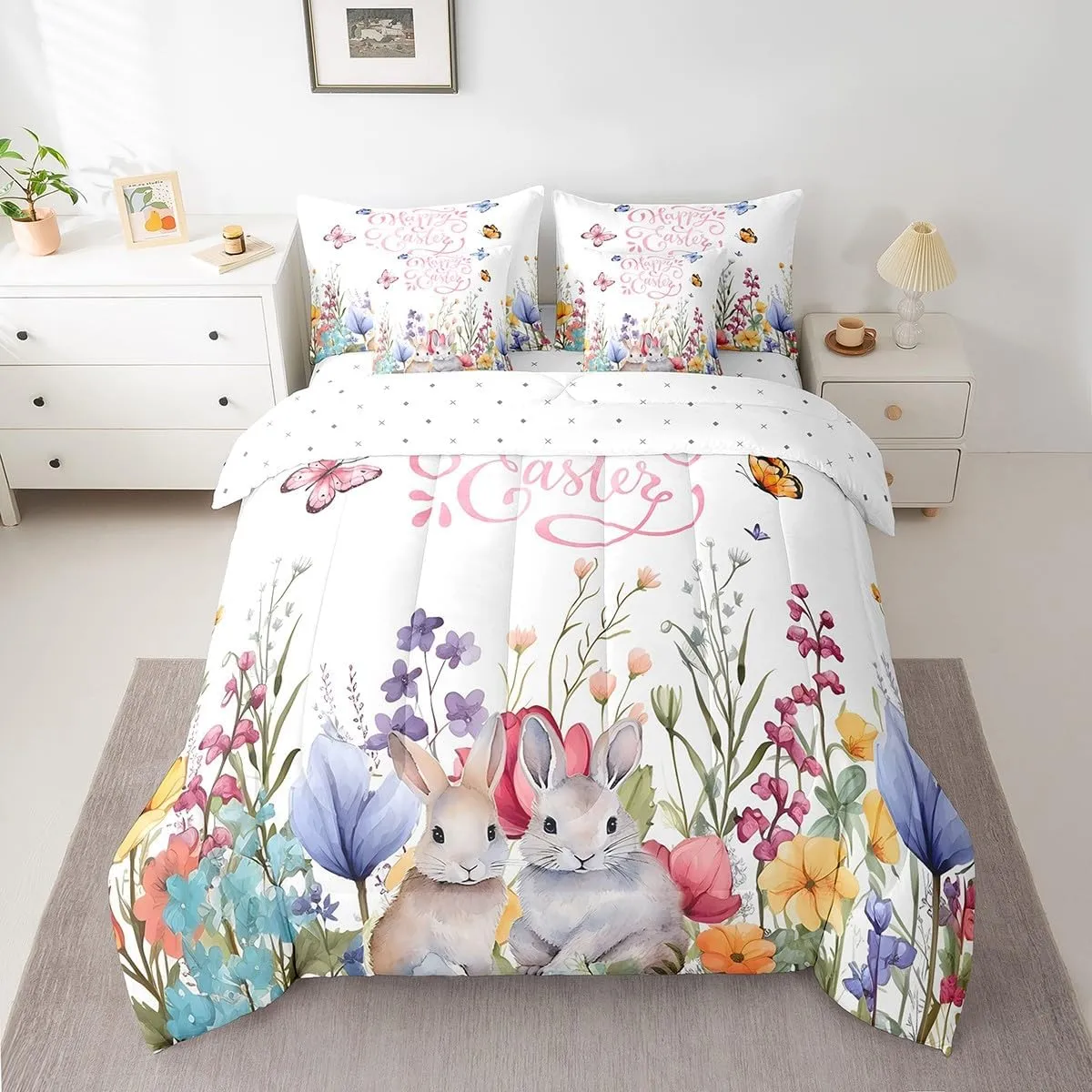 Feelyou Cute Rabbit Bedding Set 7 Pieces Full Size Kids Easter Day Comforter Set Cartoon Animals Bed Set Garden Butterfly Flower Bed in a Bag, Comforter Sheets Pillowcases Cushion Cover
